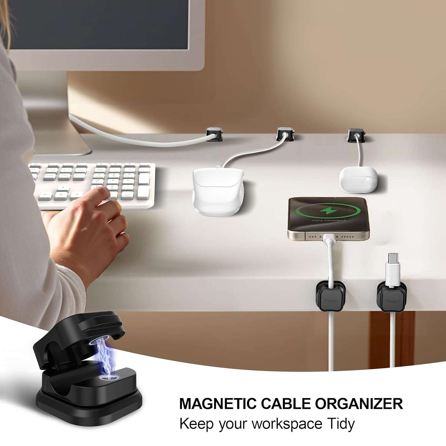 12 Pack Magnetic Cable Clip Organizer Cord Holder, Picozon Adhesive Cable Management, Wire Phone USB Charger Cable Holder Keeper Organizer for Car, Office Home Desktop, Wall, Night Table, Black