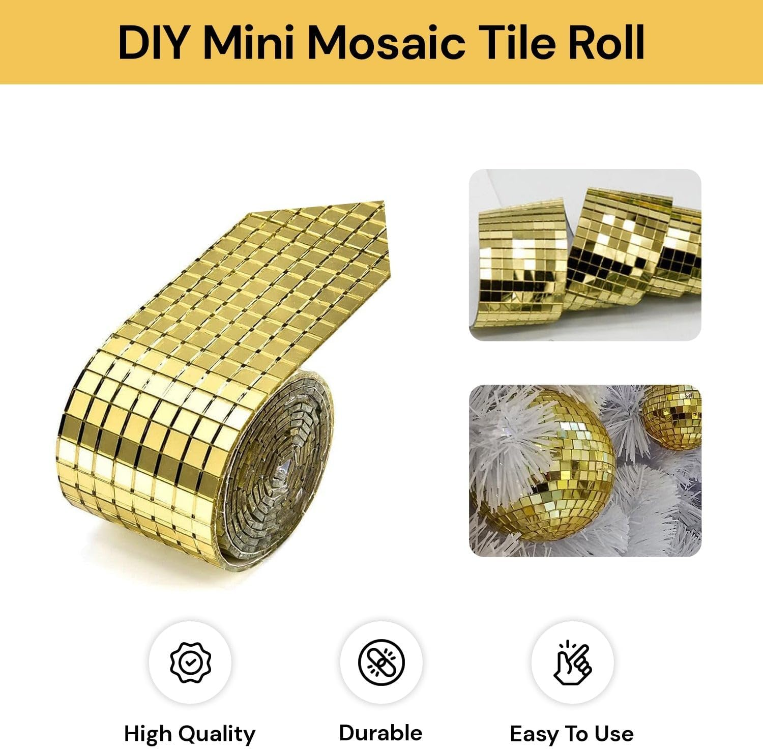 EZONEDEAL 1464 PCS Self Adhesive Mosaic Tiles, 5 X 5 Mm Disco Tiles, Square Mirror Mosaic Tiles for Interior Decoration, DIY Disco Ball Tiles, Card Making and Art Collage (Gold) - Silver image number 2
