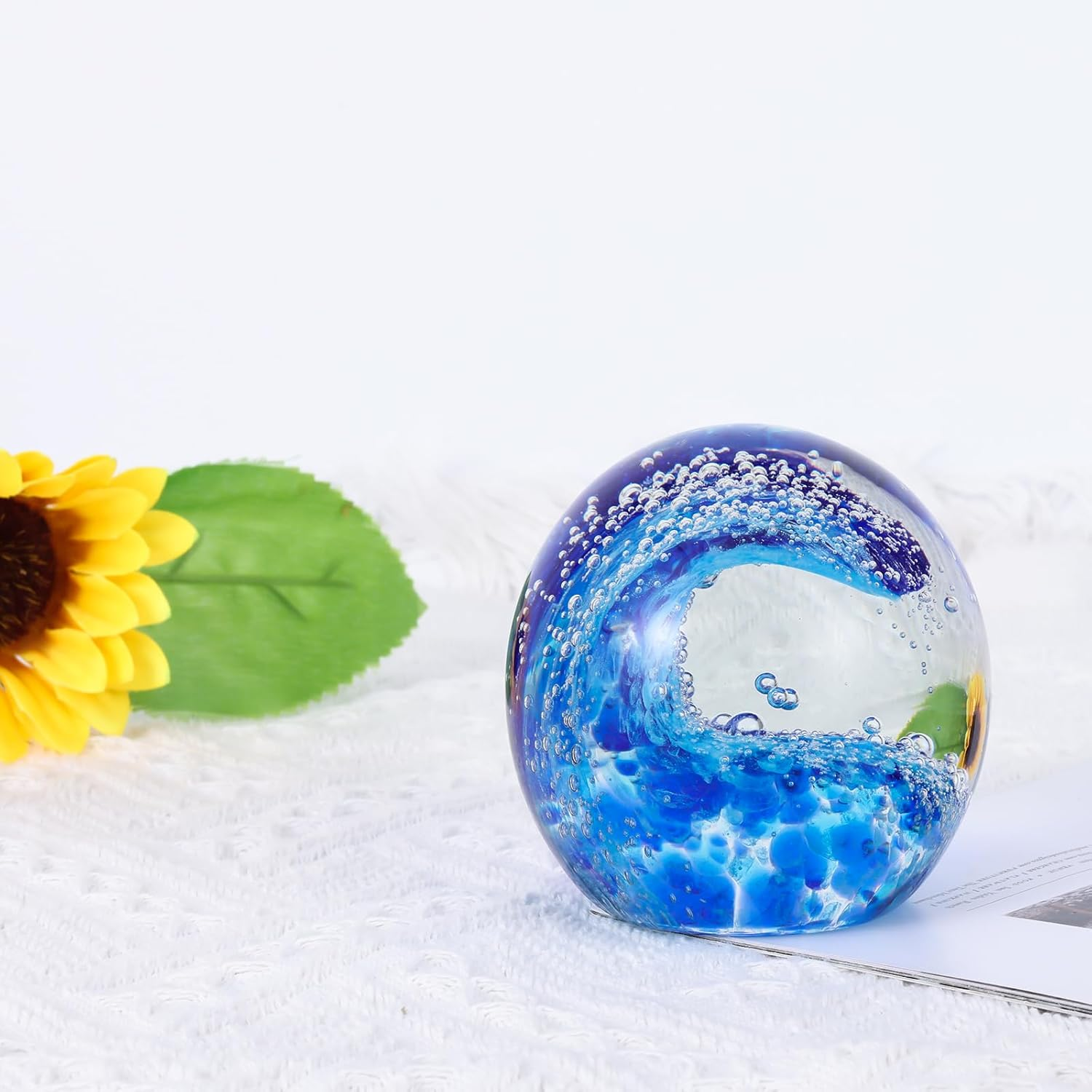 Hand Blown Glass Ocean Waves Glass Ball Beach Office Decor, Blue Glass Paperweight Ideal Beach Decorations for Home, Suitability Seaside Villa Aquarium Ocean Lover'S Gift image number 2