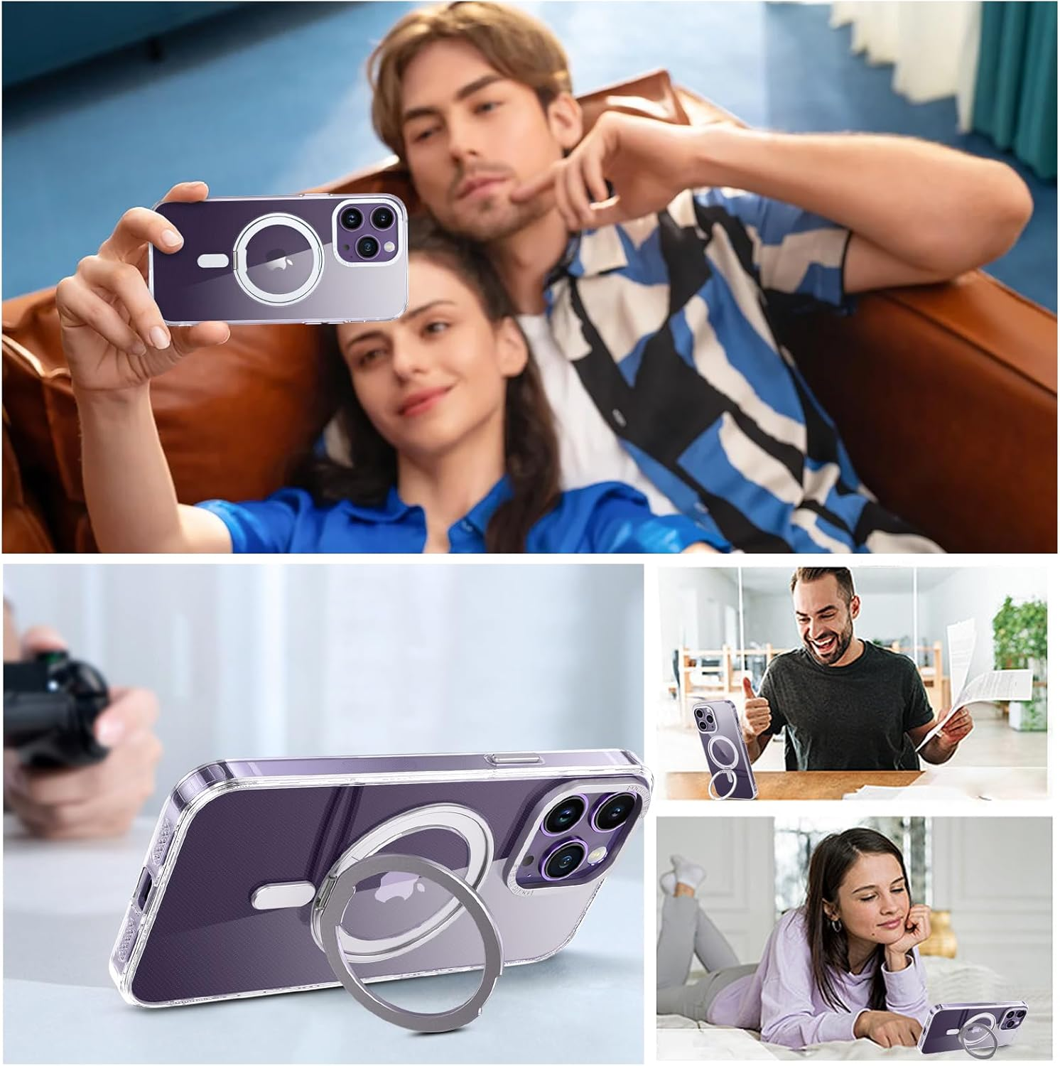 BENTOBEN Iphone 14 Pro Max Case, Magnetic Transparent Phone Case with Ring Holder, [Compatible with Magsafe] 360&deg; Rotatable Stand Flat Full Protection Slim Cases for Iphone 14 Pro Max 6.7 Inch, Clear image number 4