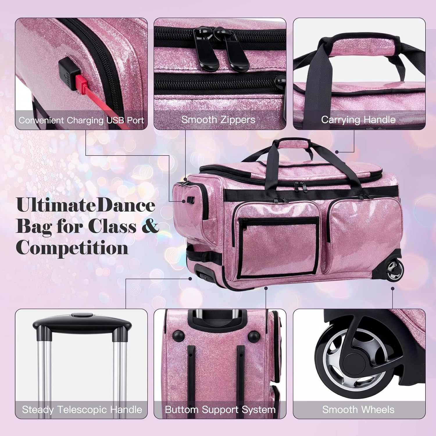 Advwin 3-In-1 Rolling Dance Bag with Instant Changing Design, Portable Garment Rack & USB Light Glitter Performance Duffel for Dancers image number 5