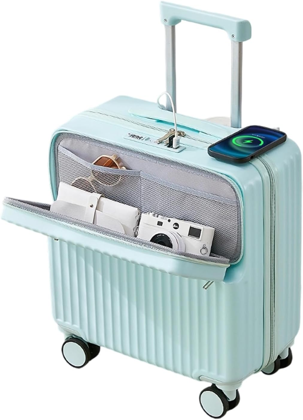 Travel Luggage Small, Carry on Suitcase Hardside, Lightweight Suitcase Spinner 4 Wheels, Front Open Luggage with USB Charger Cup Holder (Black, 18In)