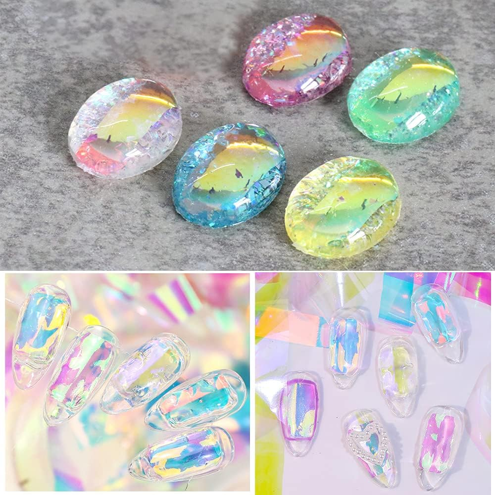 CHANGAR 5 Colours Gradient Aurora Glass Paper Nail Stickers Reflective Mirror Design Broken Glass Strip Line Paper Nail Decals DIY Nail Art Decoration (5 Boxes)