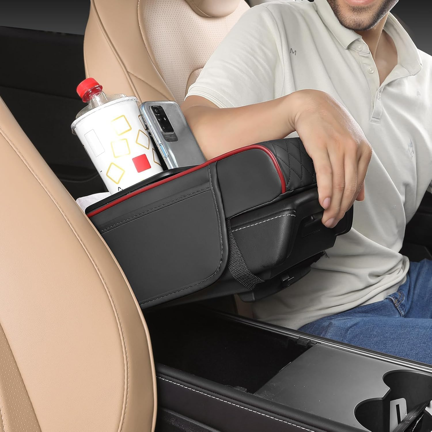 Upgraded Car Centre Console Cover, Universal Leather Memory Foam Armrest with Organizer with 2 Storage Bags, 2 Cup Holder and Tissue Box for Car, Suvs Black with Red Trim image number 3