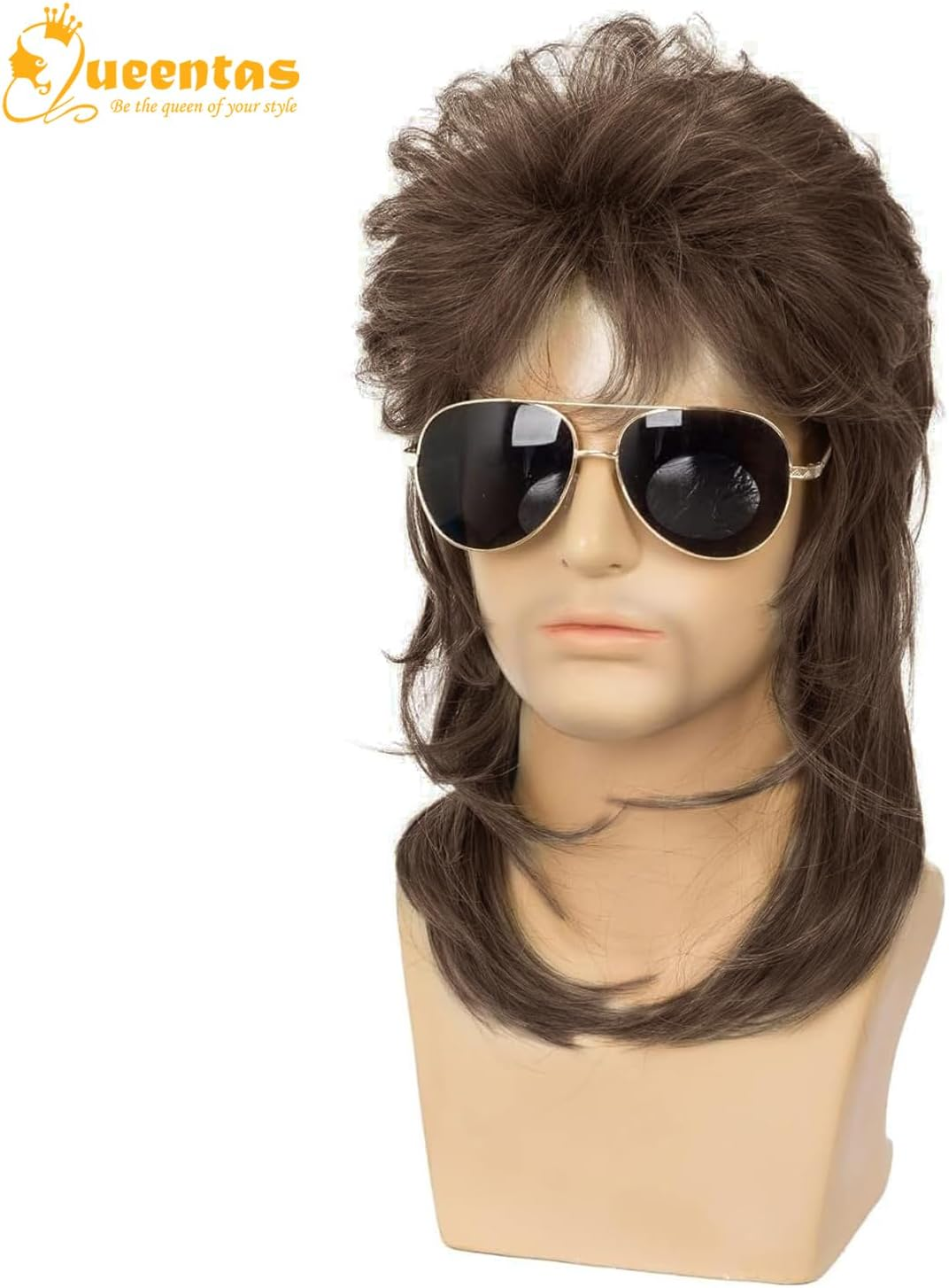 QUEENTAS Mullet Wigs for Men Brown 80S Costumes Adult Funny Wig Fancy Party Accessory Cosplay Pop Rock Hair image number 2