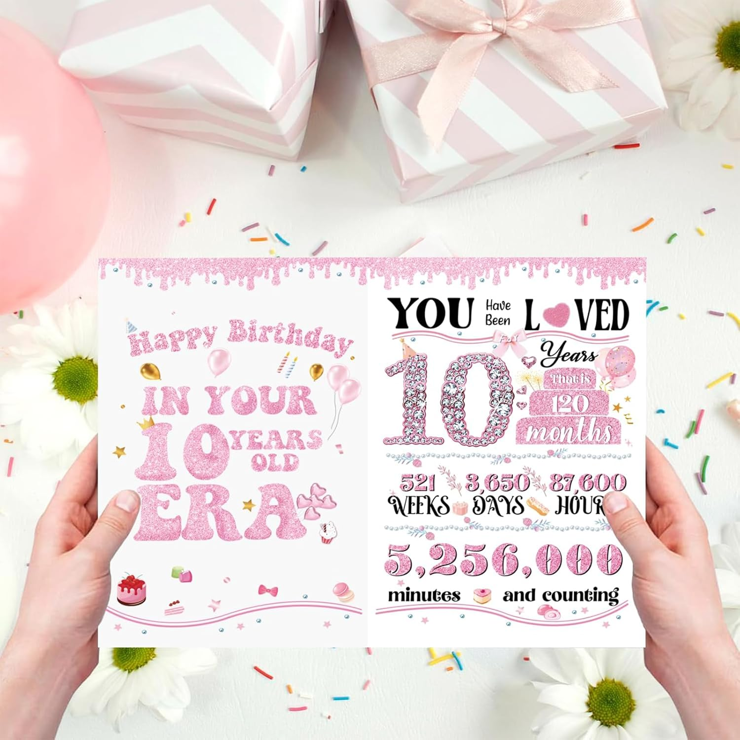 10Th Birthday Card for Boys Girls, Funny Greeting Card with Several Important Time (Years/Months/Weeks/Days/Hours/Minutes), Party Decor Supply Ideas Birthday Gifts for Him or Her, Pink image number 3