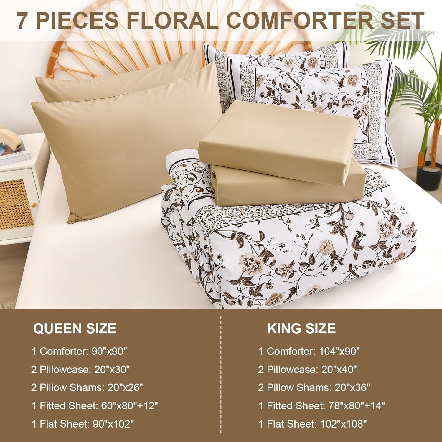 Dobuyly Brown King Size Comforter Set, Floral Botanical Bedding Set 7 Piece Bed in a Bag King, Soft Microfiber Flowers Bedding Comforter Sets with Sheets for All Season image number 1