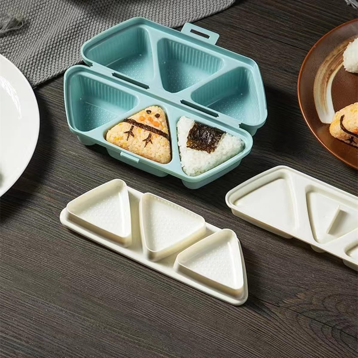 TINGJUNN Onigiri Mold, 6 in 1 Triangle Onigiri Bento Box, Multi-Functional Triangle Sushi Mold for Making and Storing Sushi (Blue) image number 6