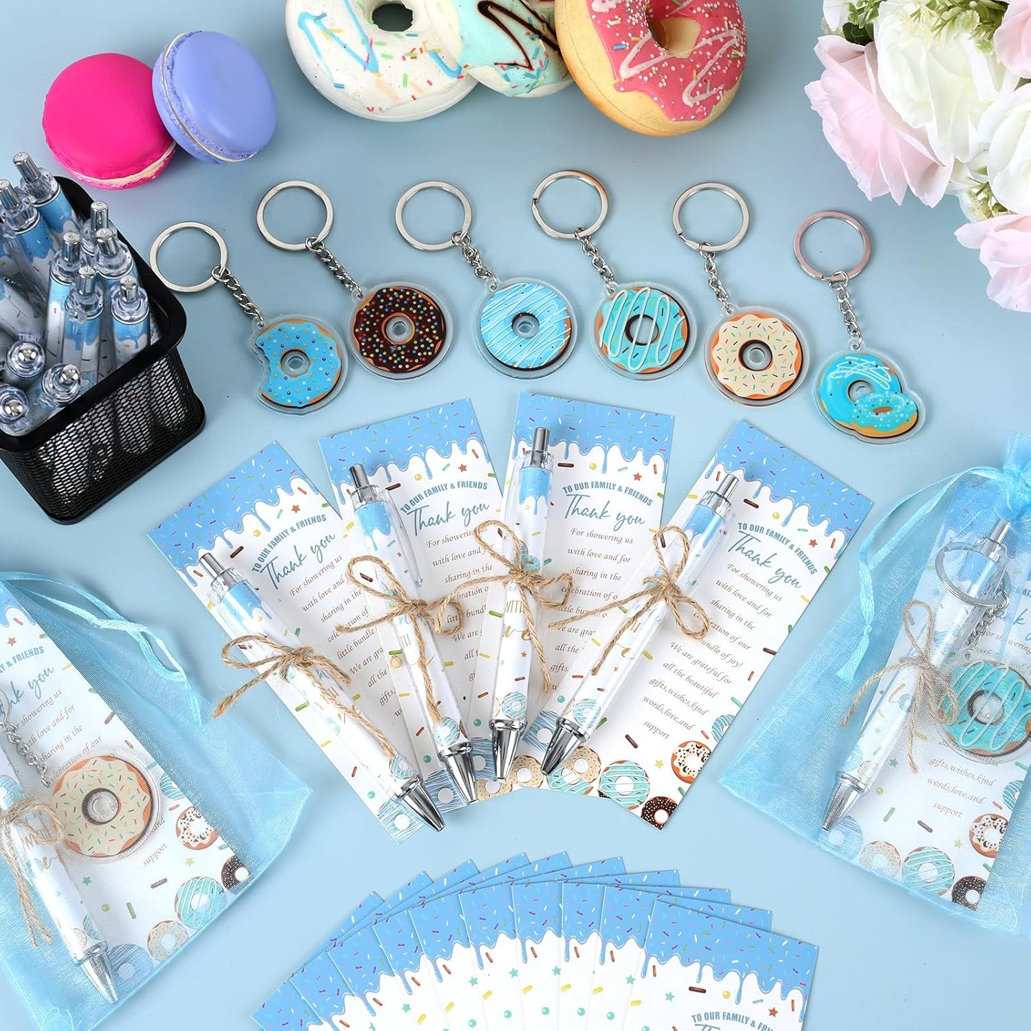145 Pieces Donut Baby Shower Favors for Guest Sprinkled with Love Ballpoint Pens and Keychains Gifts for Boys Bulk Retractable Baby Shower Pens Gender Reveal Thank You Cards Souvenirs Prizes image number 5
