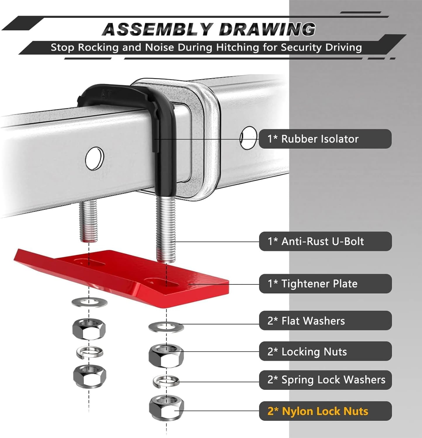 Hitch Tightener anti Rattle Stabilizer - Heavy Duty Hitch Clamp, Rubber Isolator and Anti-Rust Double Coating Protective image number 4