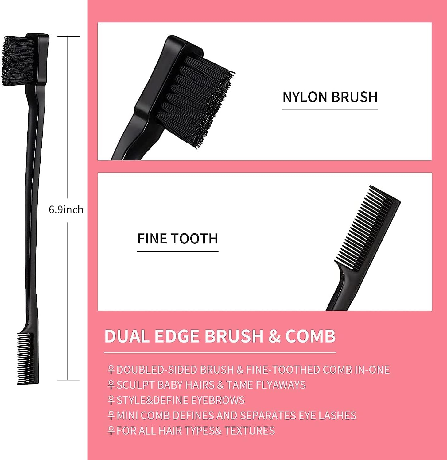 Street27&reg; 3Pcs Slick Back Hair Brush, Hair Bun Hair Accessories for Women Girls Bun Maker for Kids, Edge Brush, Bristle Teasing Brush, Rat Tail Comb for Parting Smoothing Flyaways (Black)