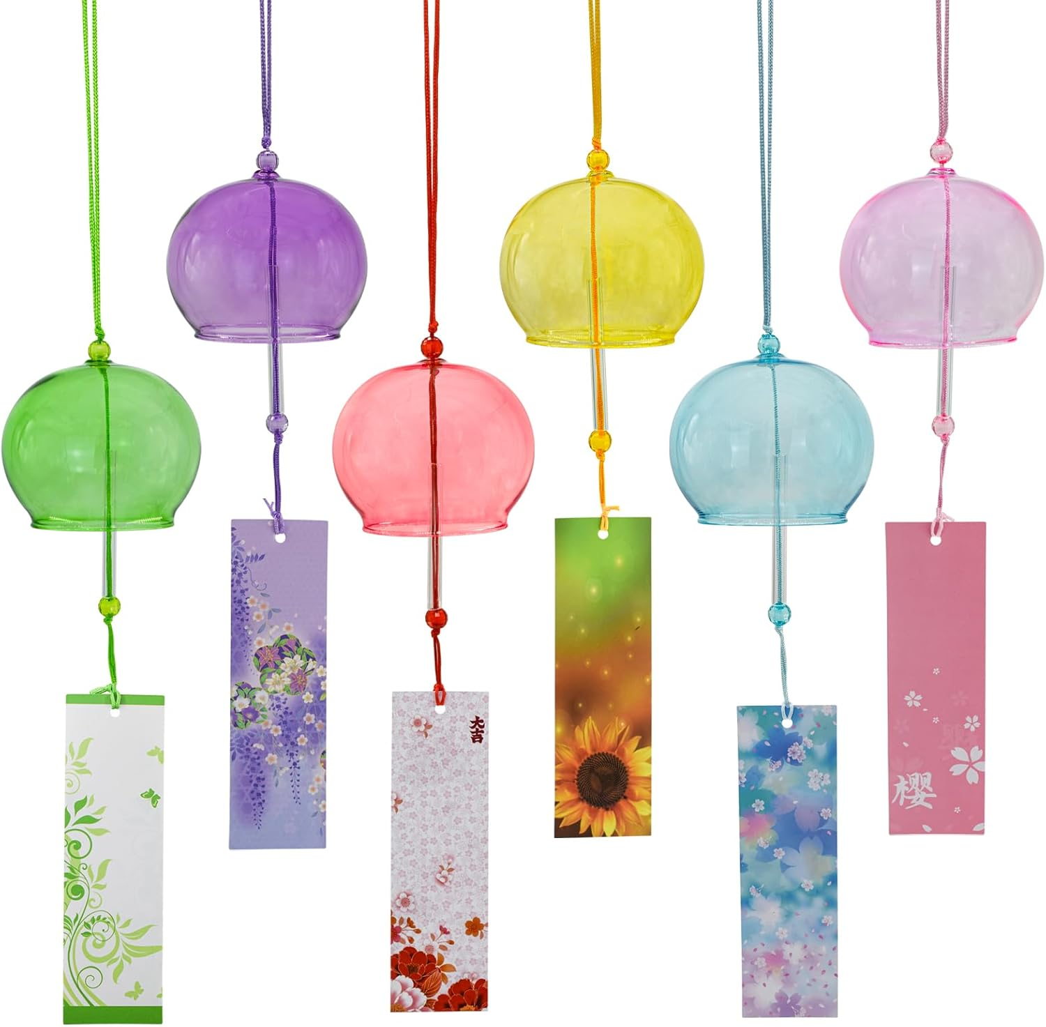 Mrmrkura 6 Pcs Japanese Wind Chimes, Colorful Glass Wind Chimes with Label Handmade Bell Wind Chime Pendent for outside Garden Patio Home Decor (Flower)