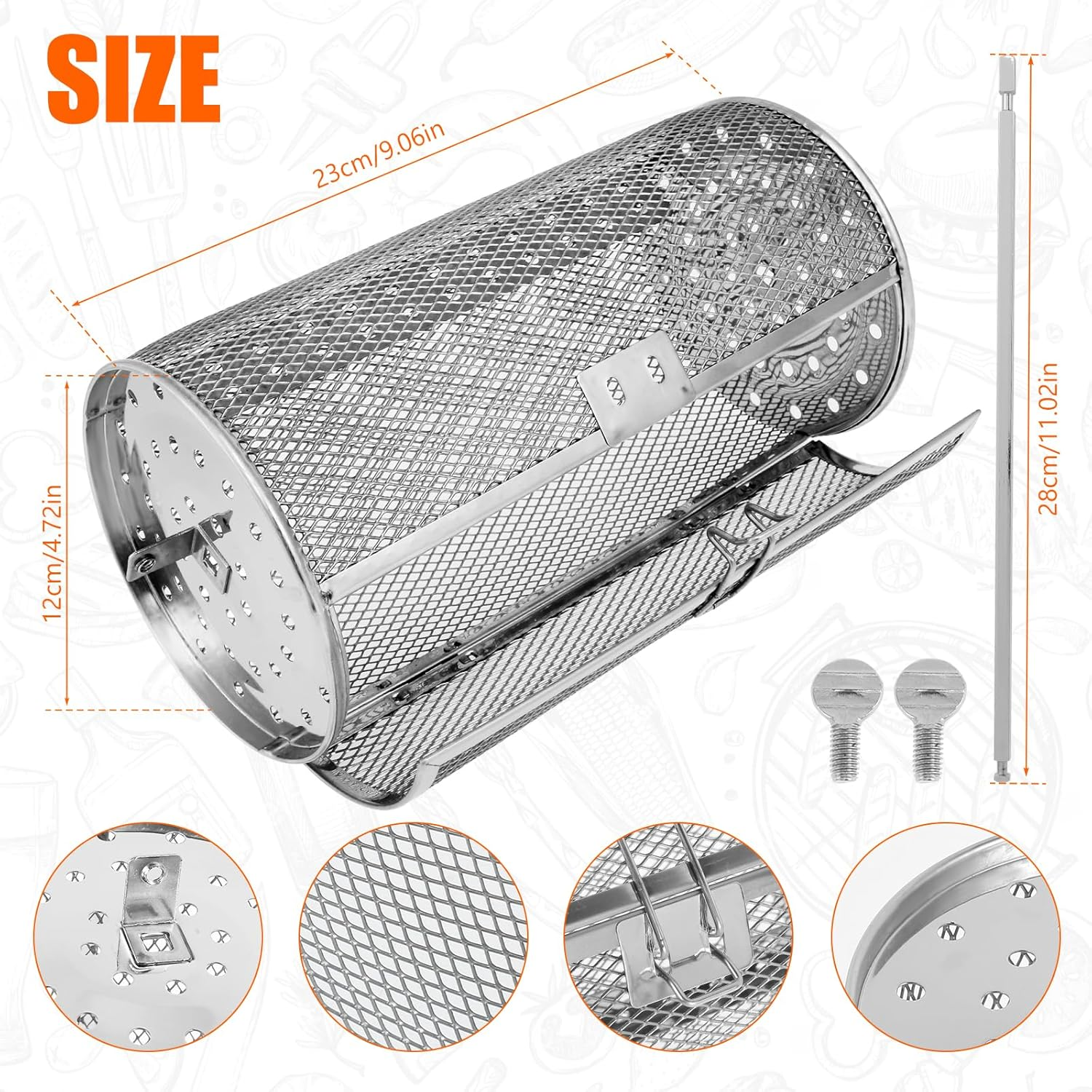 Stainless Steel Rotating Grill Basket, 360 Degree Rotation BBQ Grill Cage for Vegetable Fries Fish Shrimp, Dishwasher Safe Rolling Grilling Basket for Outdoor BBQ (Style3) image number 4