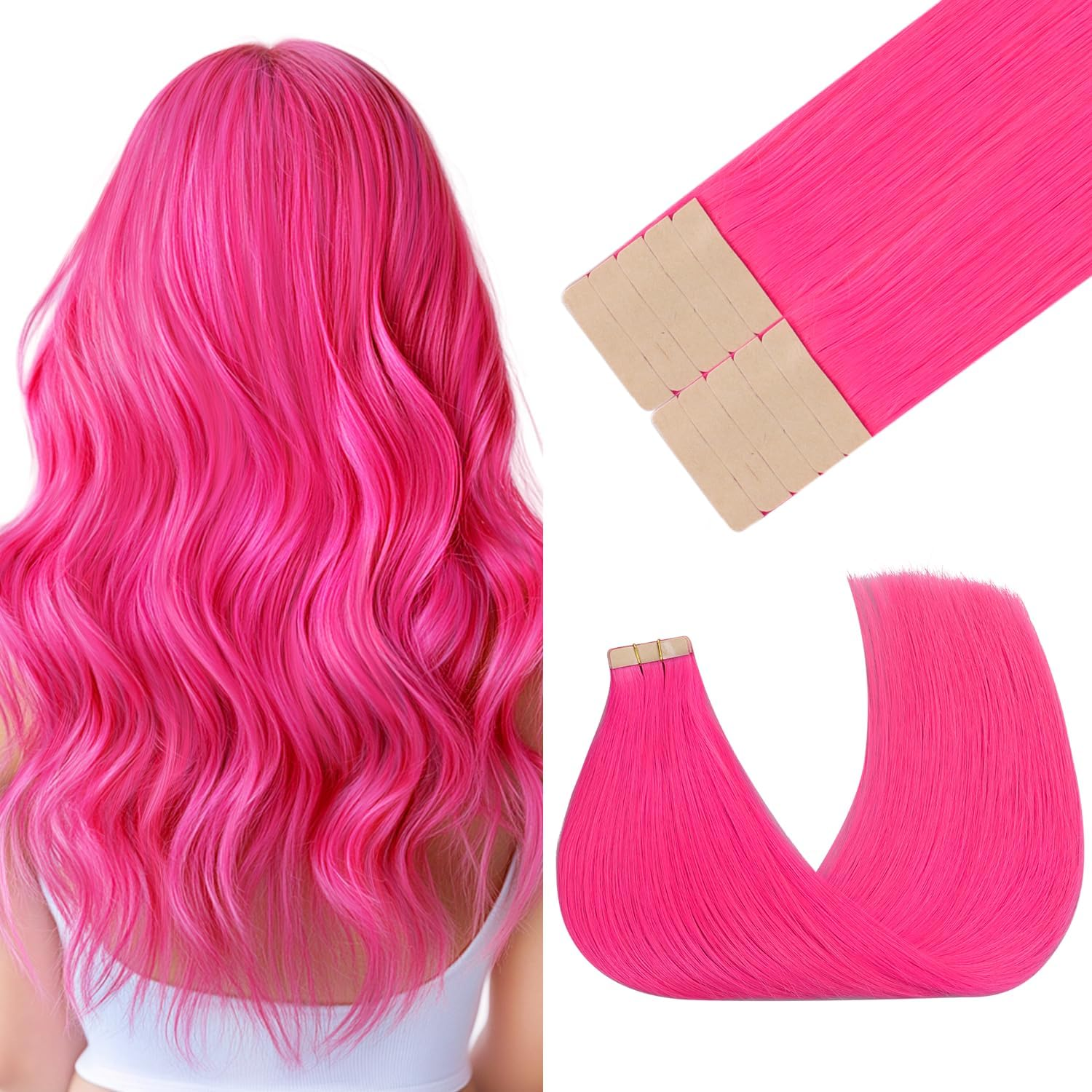 GOO GOO Tape in Hair Extensions, Colored Human Hair Extensions Tape In, 16Inch 25G 10Pcs, Hot Pink, Skin & Hair Friendly, Seamless Straight Real Remy Hair image number 4