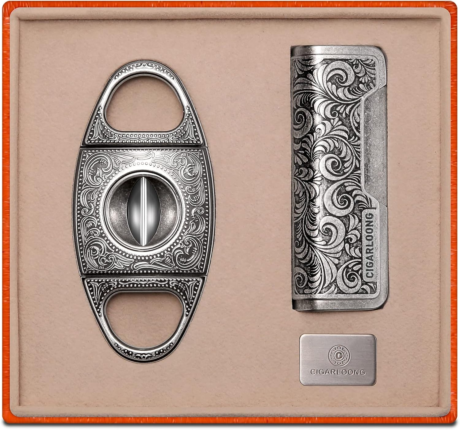 CIGARLOONG Cigar Cutter and Lighter Set Double Sharp Blade V-Cut Windfroop Torch Lighter Portable Cigar Set with Gift Box(Silver) image number 3