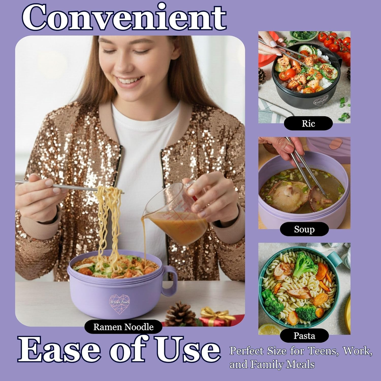 Ai Love Peace Ramen Bowl, 40 Oz Microwaveable Noodle Cooker for Ramen, Pho, Soup, and Pasta, Dishwasher Safe and Portable, Ideal for Home, Office, Dorm, or Gift (Purple) image number 2