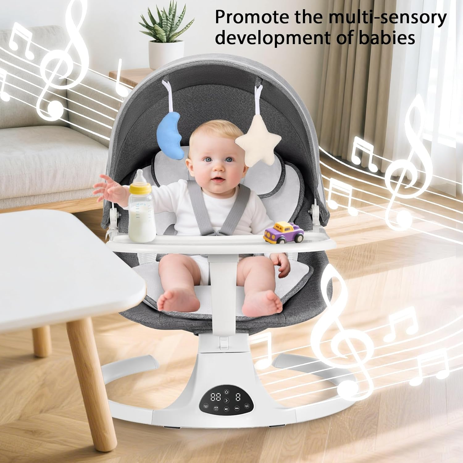 TNF Baby Bouncer for Infants, Portable Baby Swing Electric with 5 Point Harness, 5 Speeds and Music, Baby Bouncer with Machine Washable Seat Cover, Two Dolls and a Mosquio Net, Gray image number 1