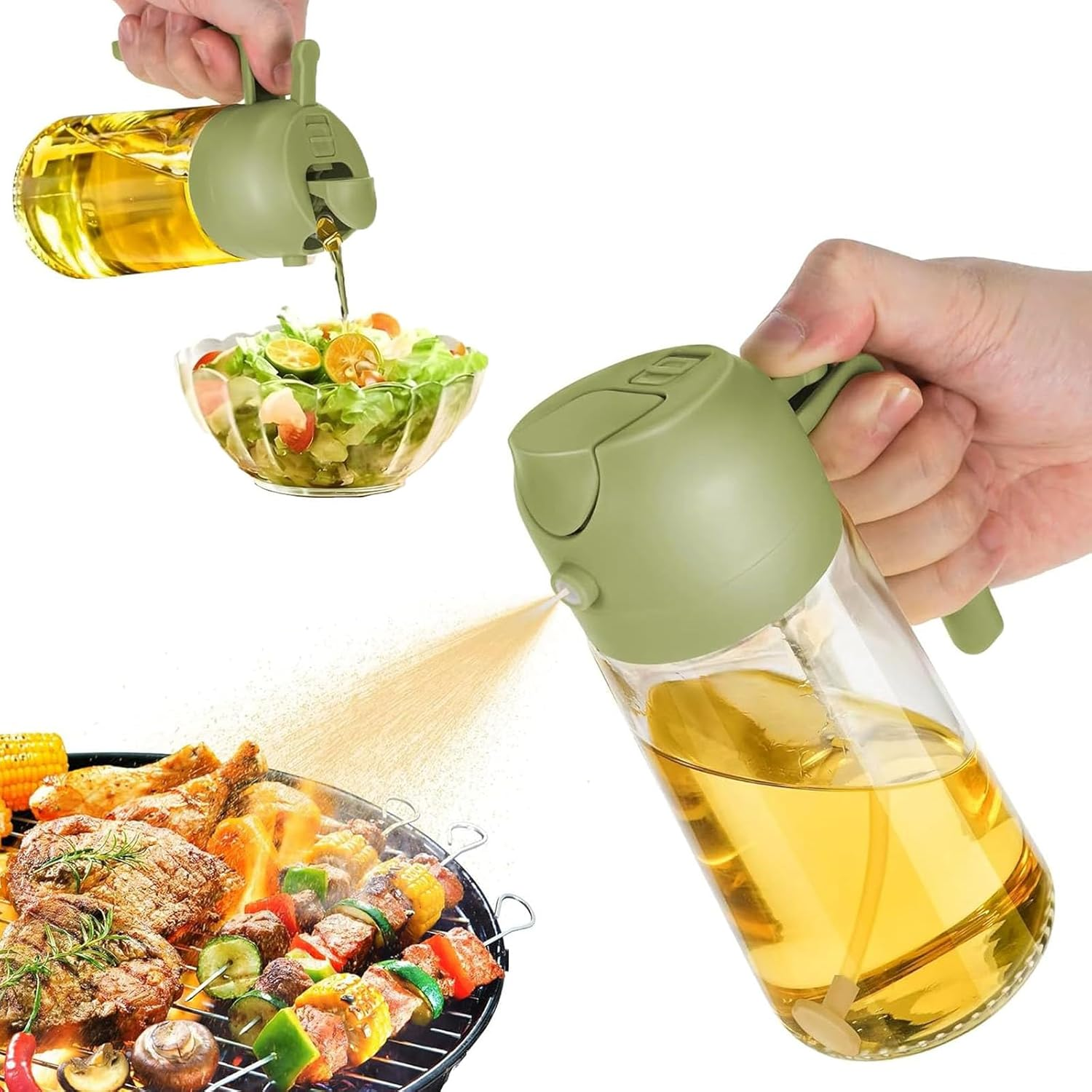 16Oz/470Ml Glass Olive Oil Sprayer for Cooking, 2 in 1 Olive Oil Dispenser Bottle for Kitchen, Premium Dark Green Glass Oil Bottle, Food-Grade Oil Mister for Air Fryer, BBQ image number 3