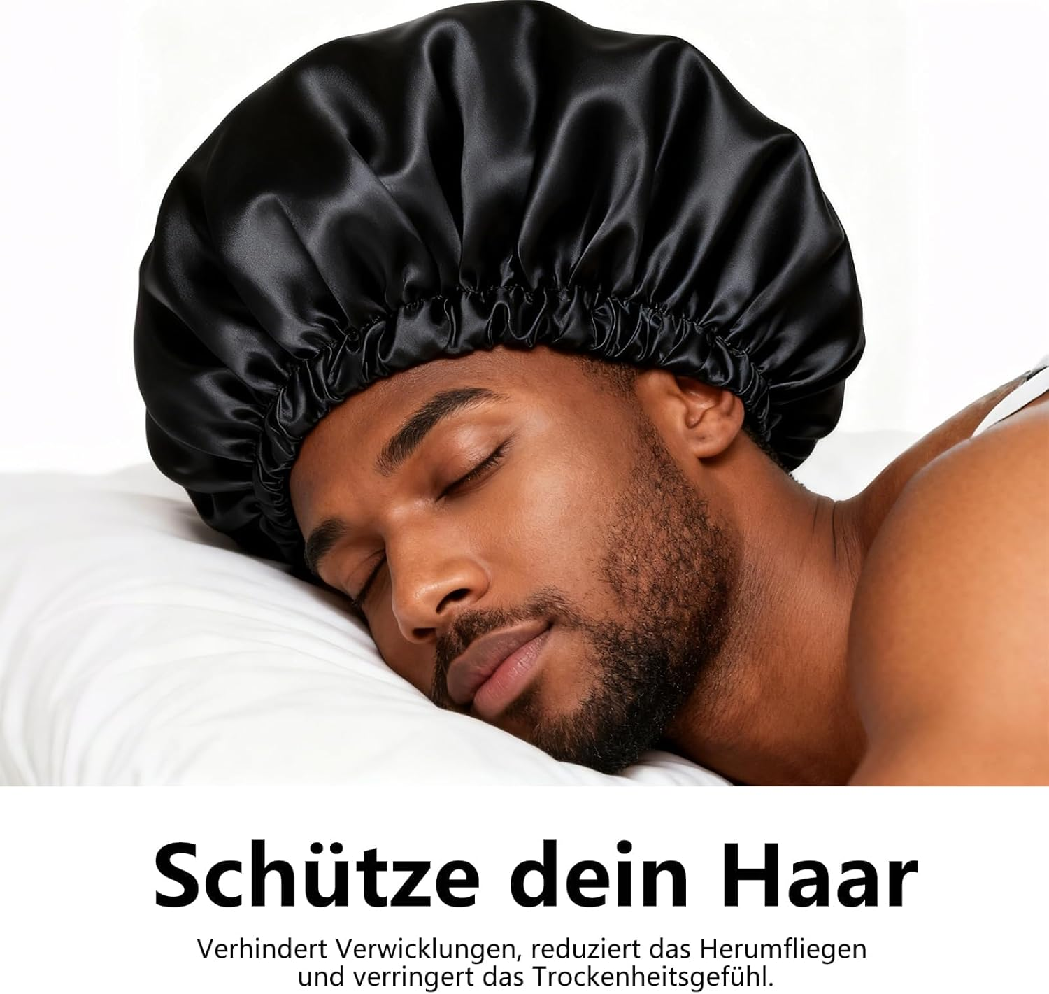 VZU Satin Bonnet Sleep Cap for Men, Breathable Adjustable Silk Night Hat with Elastic Band - Protects against Frizz and Hair Damage, Silk Sleep Cap for Men (Black)