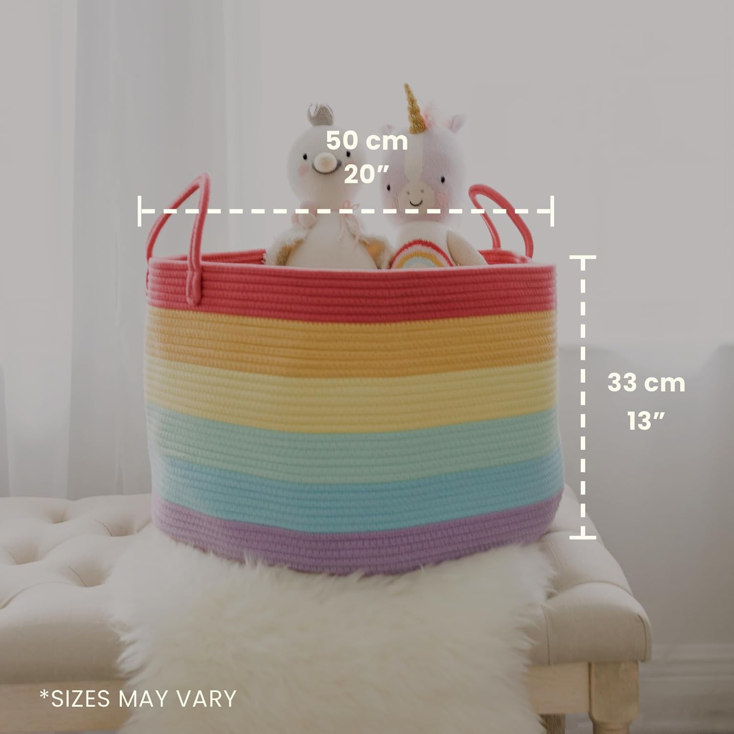 Organihaus Storage Basket for Children'S Room & Living Room, Braided Cotton Basket with Handle, Laundry Hamper for Blankets, Toys, Clothes, Foldable & Stable - 50 X 33 Cm, Rainbow image number 5