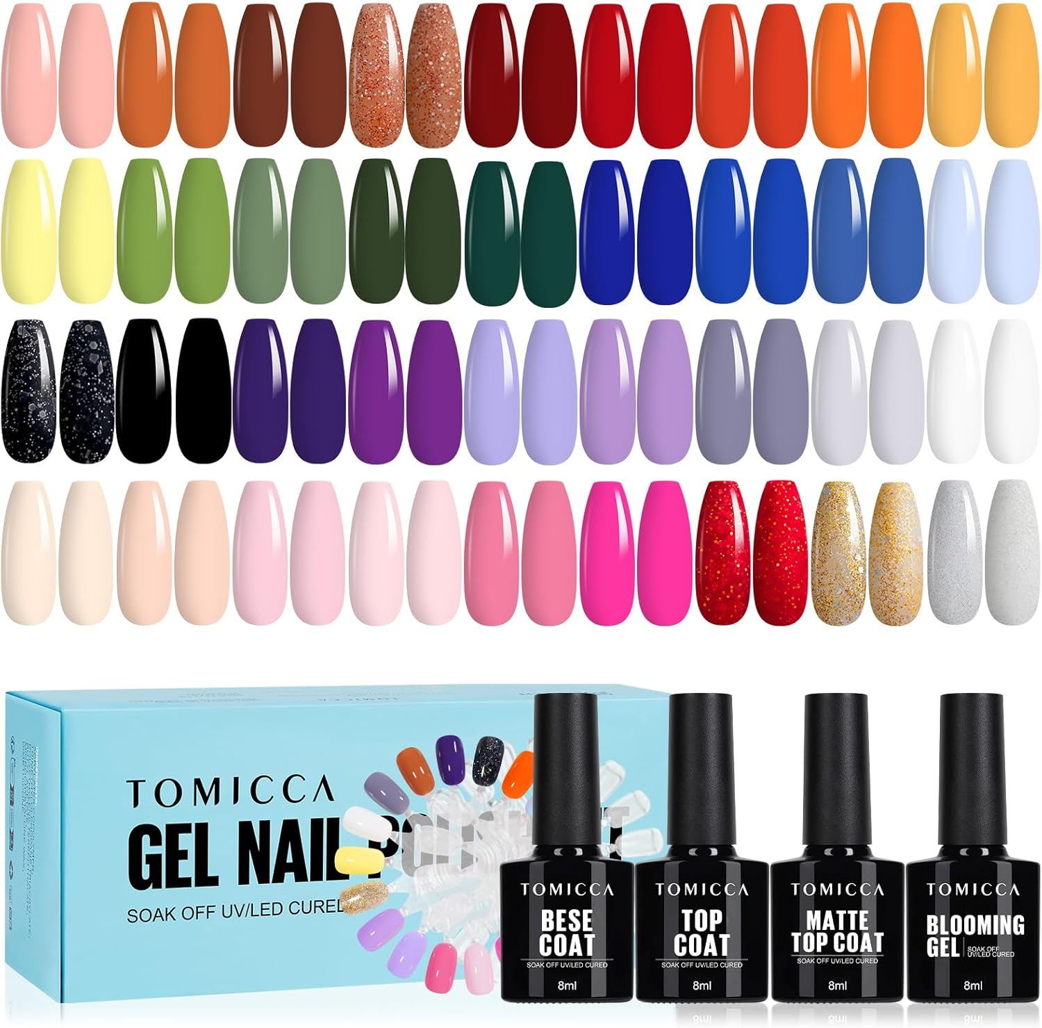 TOMICCA 40 PCS Gel Nail Polish Set 36 Colors Jelly Gel Polish with Glossy & Matte Top Coat Base Coat Blooming Gel Starter Kit Soak off UV Gel Nail Kit Nail Art DIY Manicure Suit for All Seasons image number 2