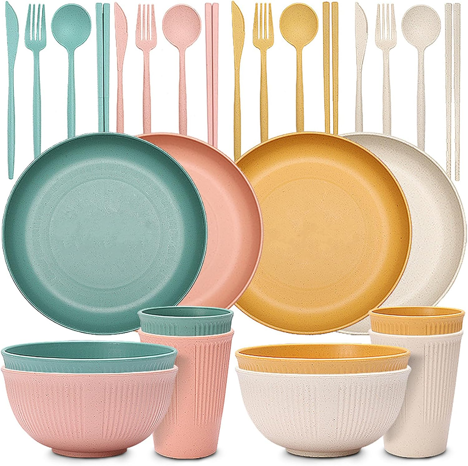 28 Pieces Wheat Straw Dinnerware Sets, Reusable Unbreakable Dinnerware Set, Plastic Dinnerware Sets, Picnic Camping Dinner Sets, Lightweight Camping Plates Cups and Bowls Set for Dorm Kitchen image number 4