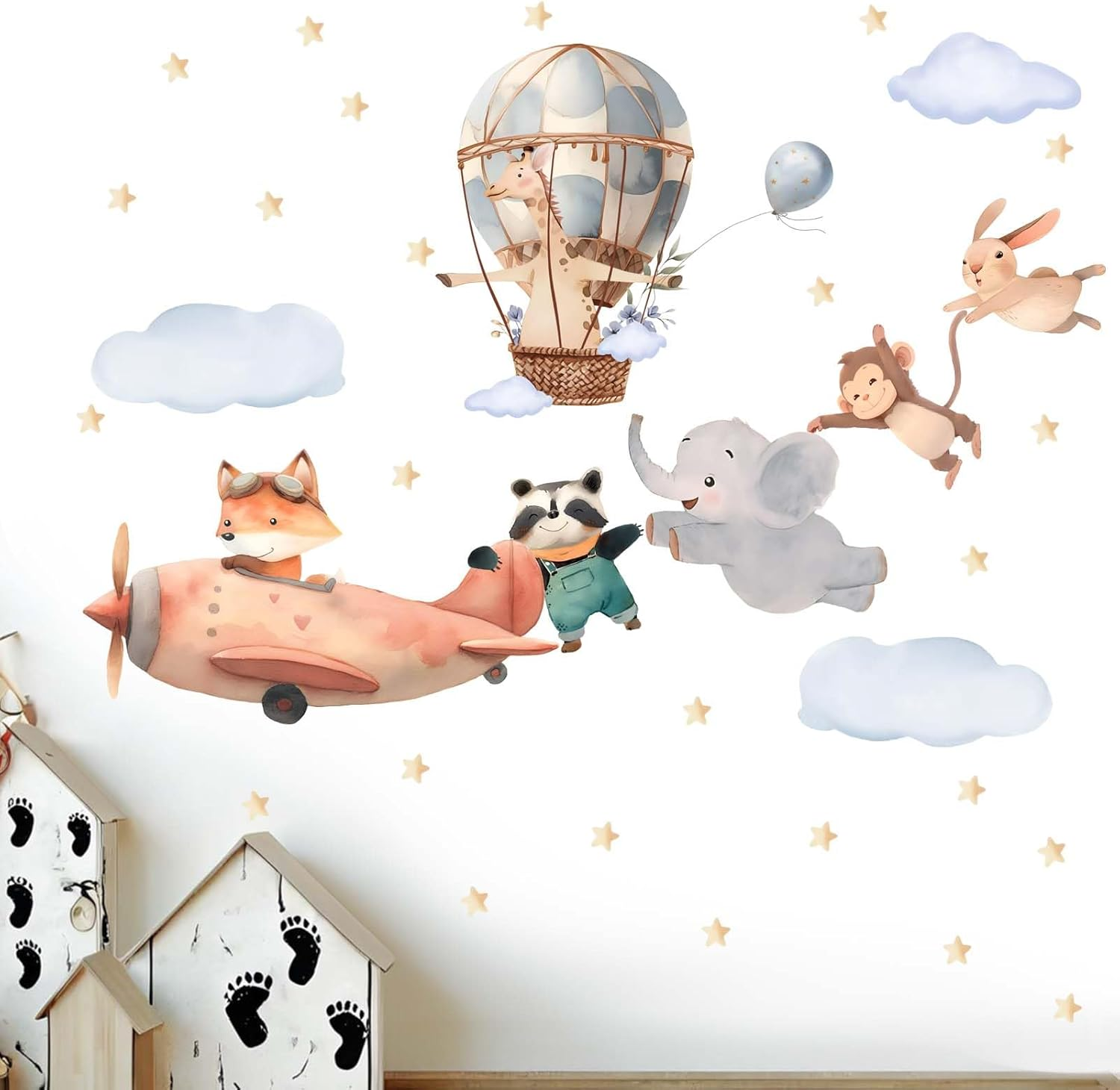 Animals Airplane Wall Stickers for Nursery: Baby Kids Bedroom Wall Decals - Aircrafts Hot Air Balloon Elephant Fox Giraffe Monkey image number 1
