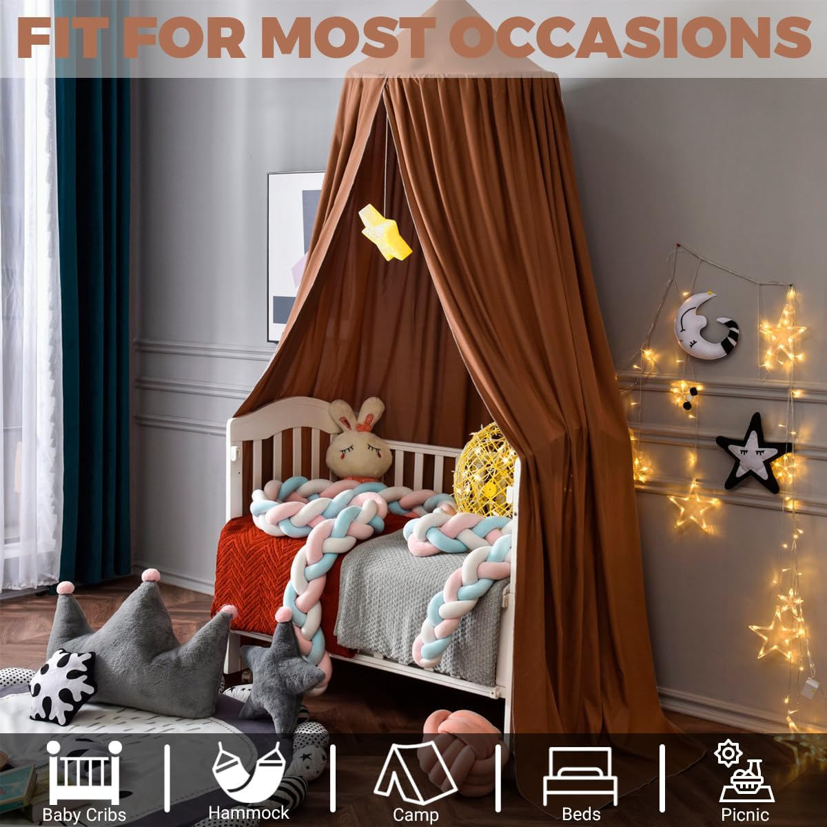 Kids Bed Canopy, Princess round Dome Canopies for Girls & Adults Mosquito Net for Nursery Baby Crib Child Bed Cotton Hanging Bedding Drapes for Reading Nook Hideaway Castle Game Play Room Decor - Khaki image number 2