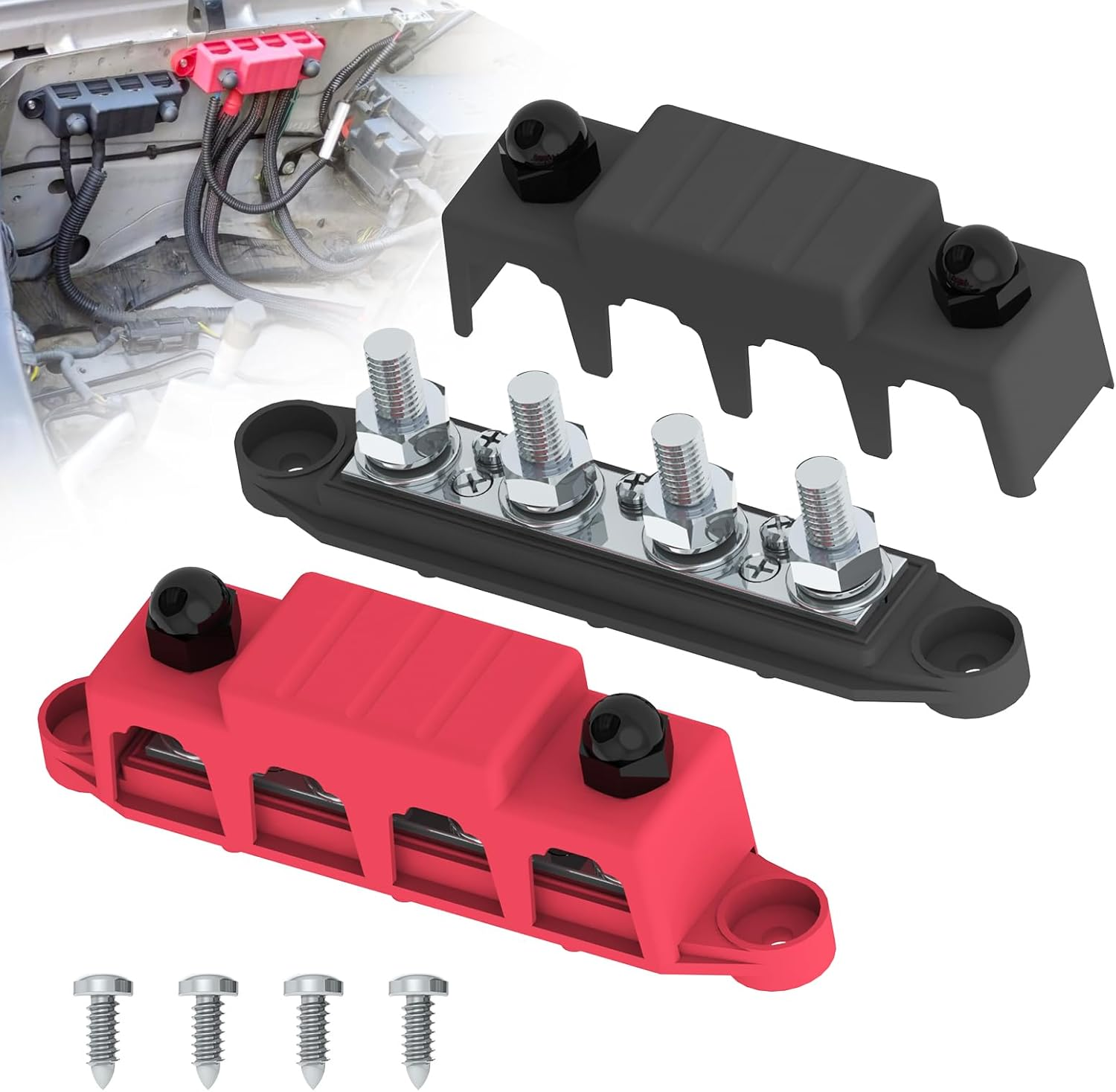Bus Bar 250A 12V Power Distribution Block with 5/16" (M8) 4-Posts Terminals Block with Cover for Automotive, Marine, Battery System (Black & Red)