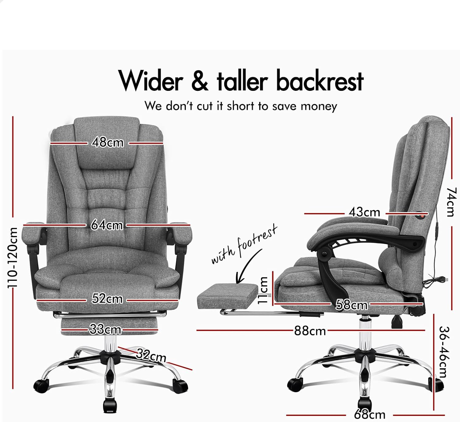 ALFORDSON Office Chair with 2-Point Massage, Ergonomic Computer Chair with Footrest Executive Fabric Home Desk Chair High Back Recliner Chair, Fabric Grey image number 5