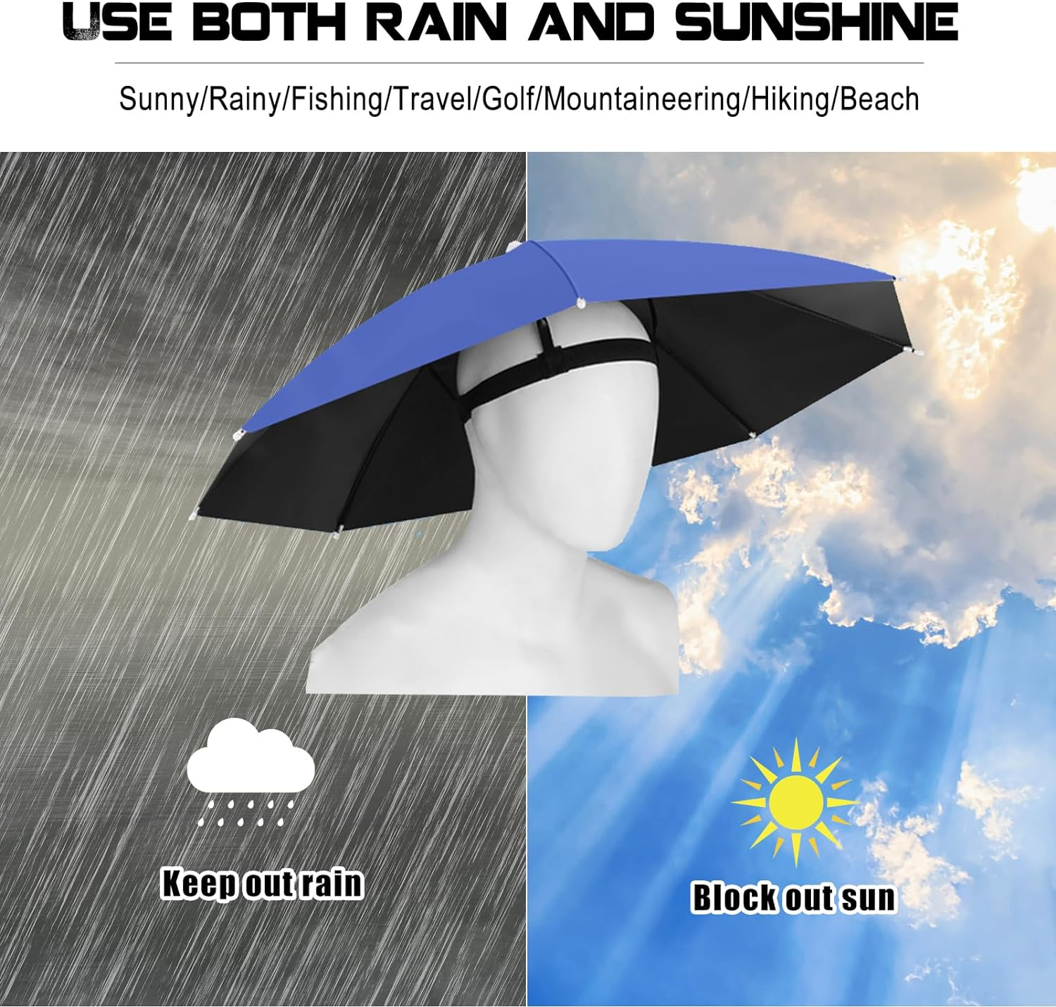 4 Pack Umbrella Hats, 27" Hands-Free Head Umbrella Hats for Adult, Folding Waterproof Umbrella Cap with Head Strap for Outdoor Party, Fishing, Sun, Rain, Beach image number 6