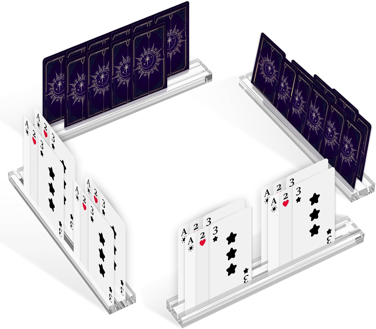 4Pcs Transparent Acrylic Playing Card Holder with Double Groove Base Versatile Game Cards Holder Easy to Clean Card Game Organizer for 4 Players Tabletop Use