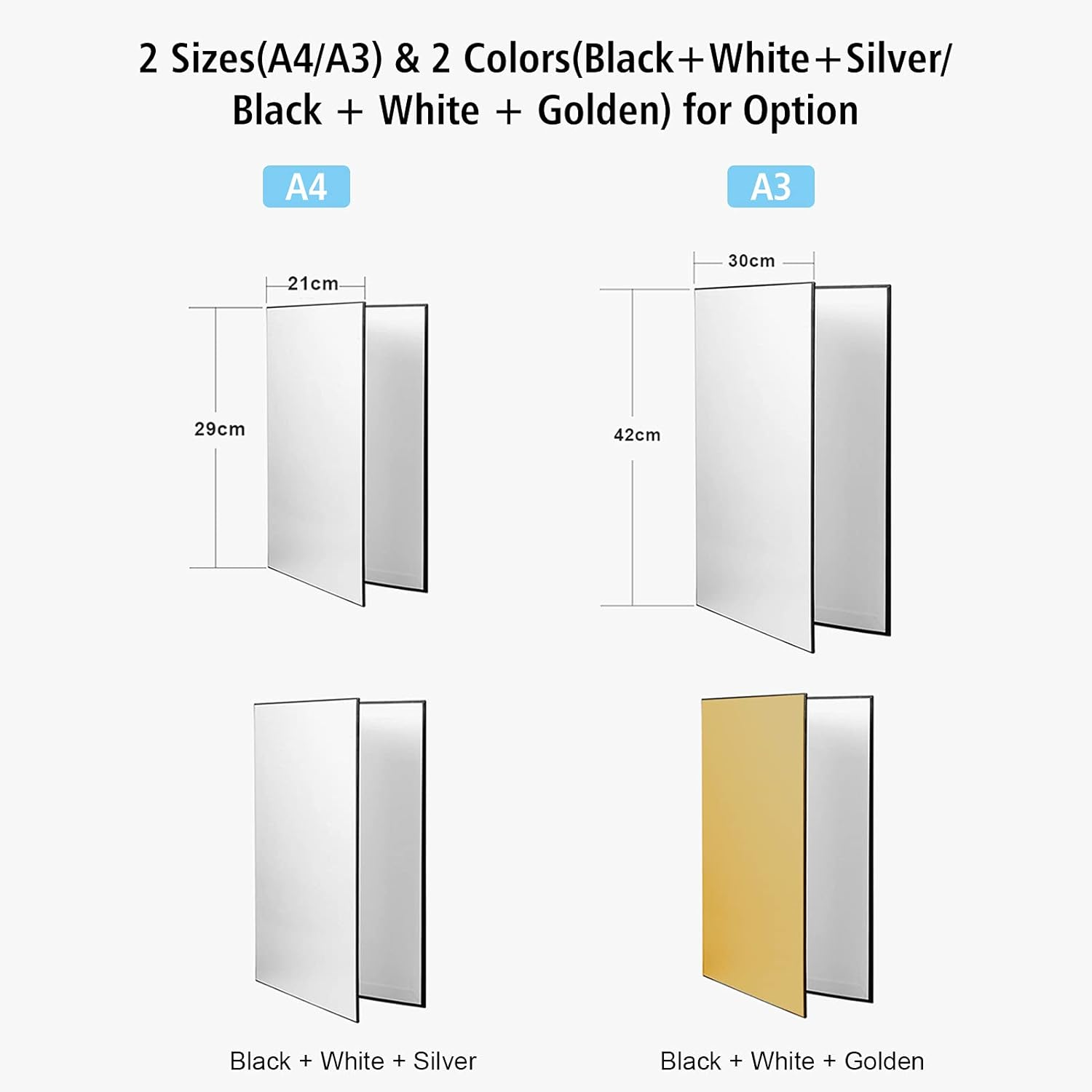 3-In-1 Photography Cardboard Paperboard Folding Photography Reflector Diffuser Board (Black + White + Golden) for Still Life Product Food Photo, A4 Size image number 2