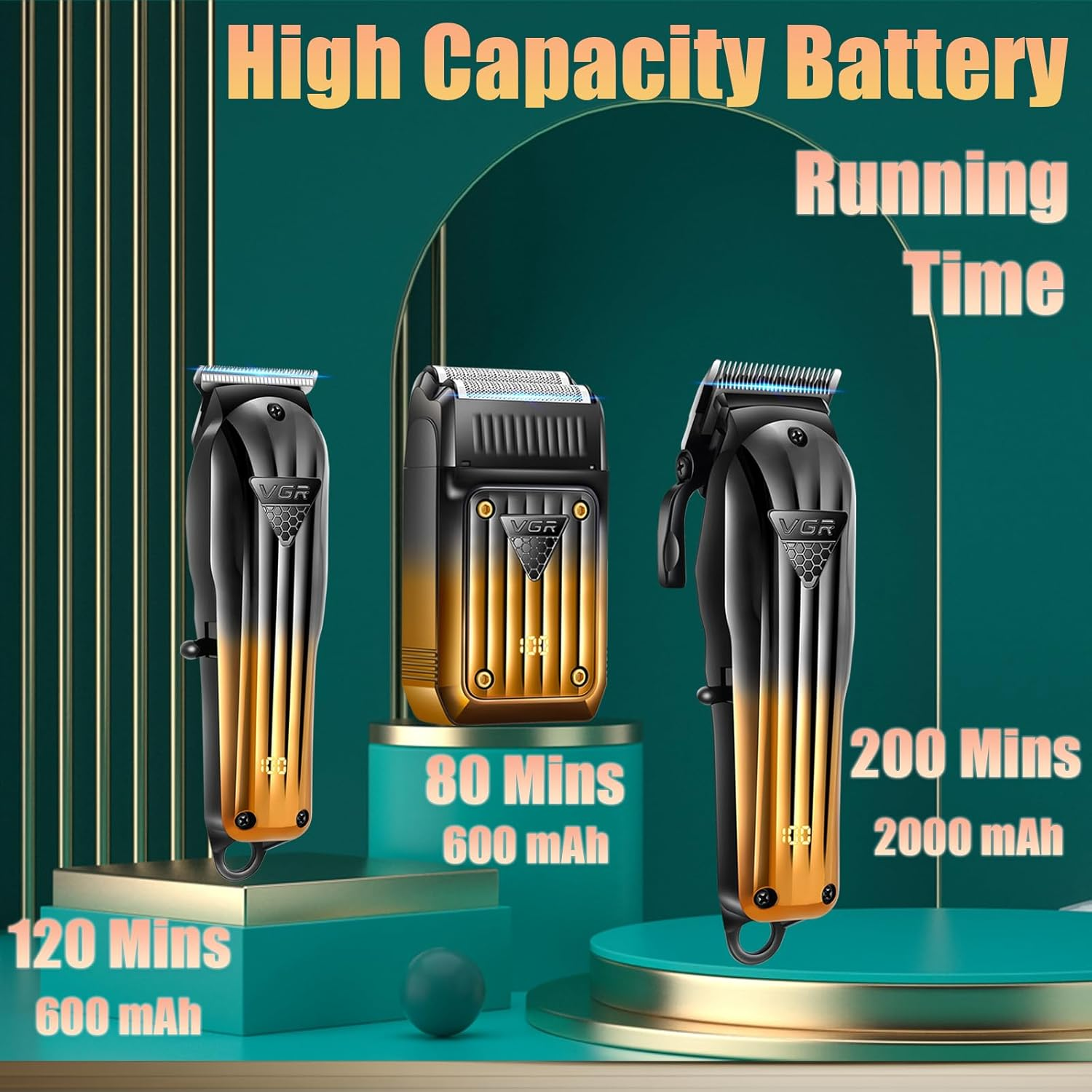 VGR 644 Hair Clippers for Men Professional, Cordless Beard Trimmer & Electric Razor Shavers for Men, Rechargeable 3 Piece Barber Hair Cutting Kit LED Display Men'S Grooming Kit