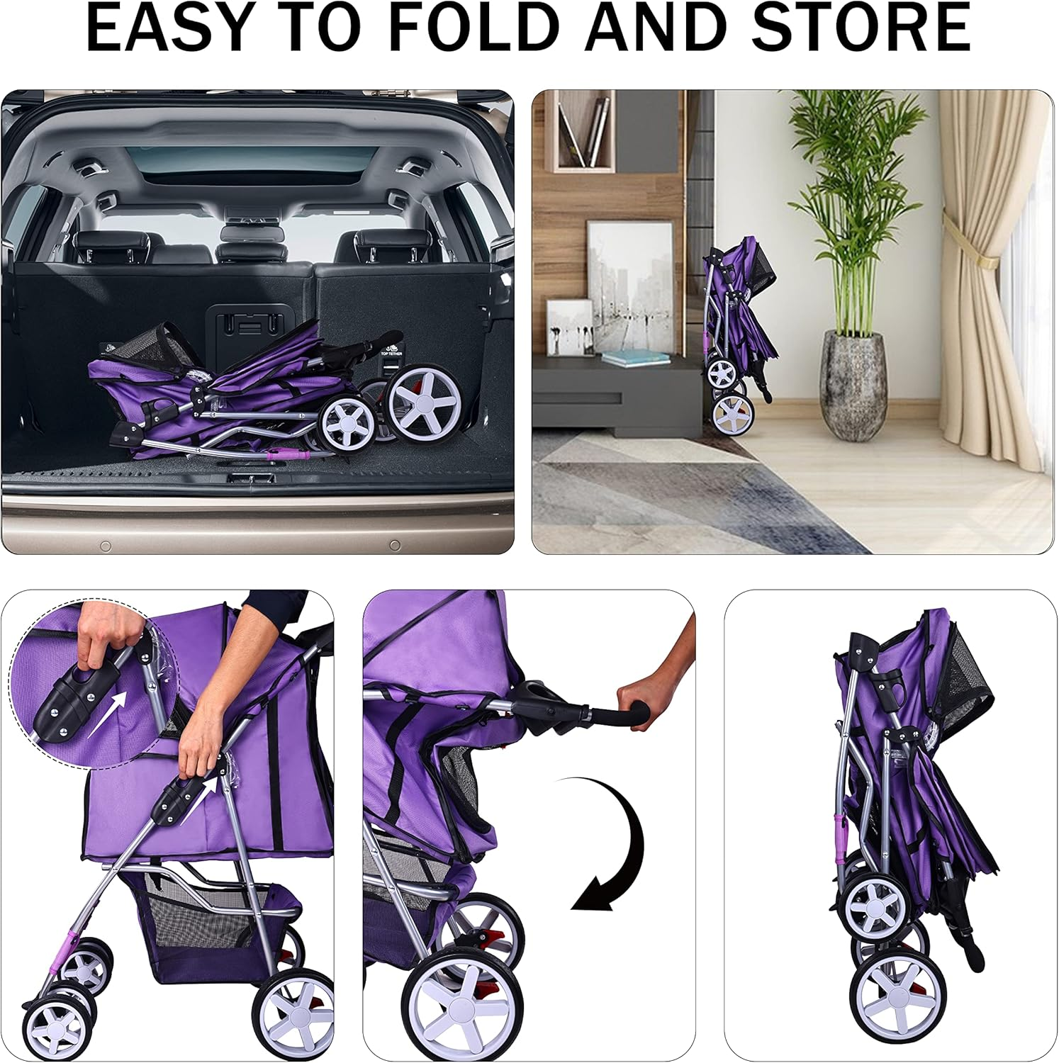 ELEVON Pet Stroller, 4 Wheels Multifunction Dog Cat Stroller, Folding Portable Travel Stroller with Detachable Carrier, Suitable for Medium Small Dogs Cats(Purple)