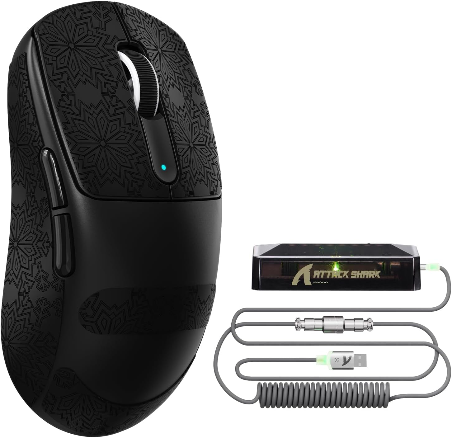 ATTACK SHARK V5 Wireless Gaming Mouse 55G Ultra-Lightweight PAW3950MAX 42K DPI Sensor 8000Hz Polling Rate Tri-Mode-Bluetooth/2.4Ghz/Wired Mice with Coiled Cable for Large Hand-White&Tape