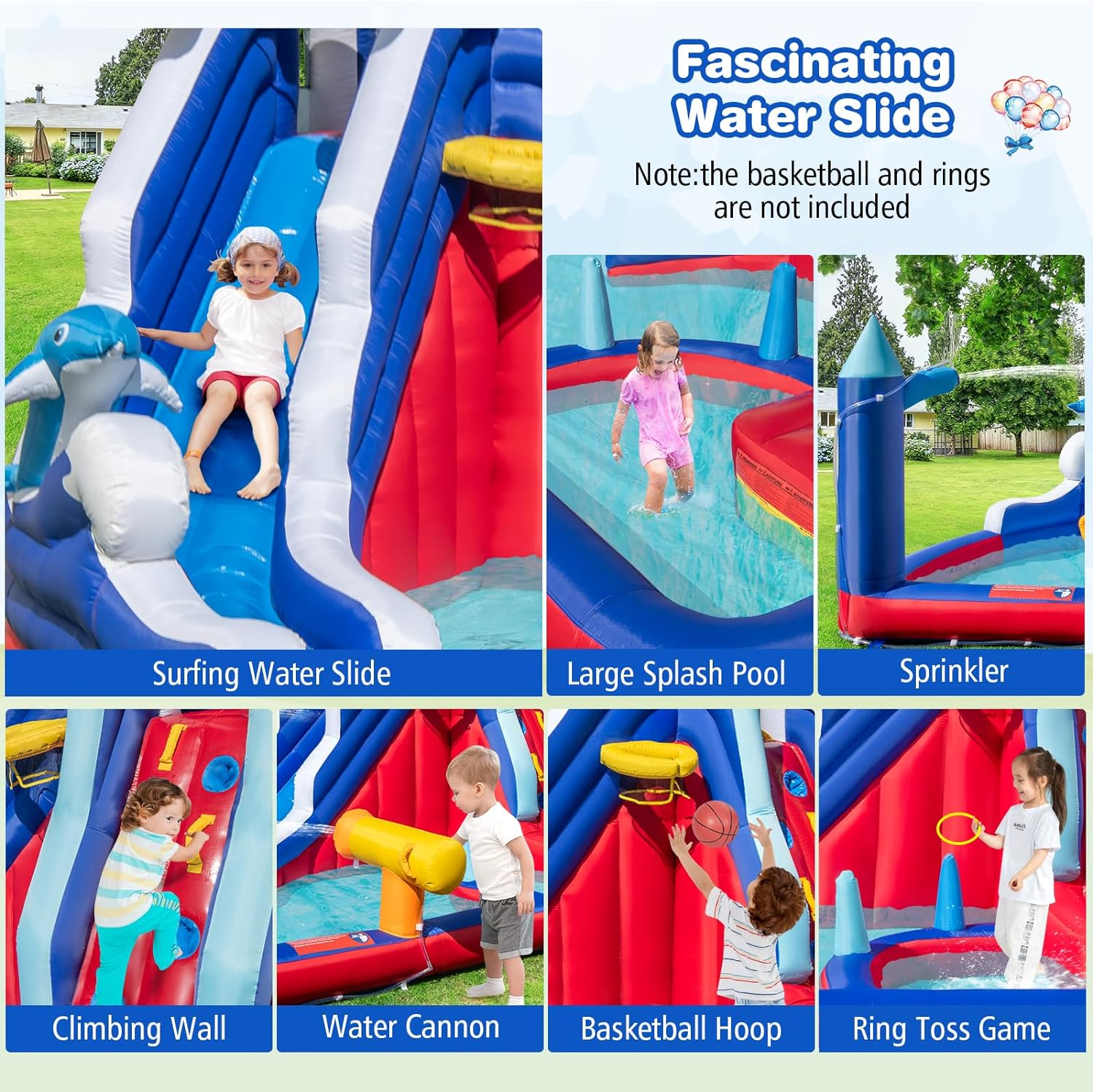 HONEY JOY Inflatable Water Slide, Dolphin Theme Kids Bounce House Water Park W/Long Slide, 2 Splash Pools, Climbing Wall, Water Gun, Basketball Rim, Ring-Toss, Outdoor Jumping Castle with 680W Blower image number 2