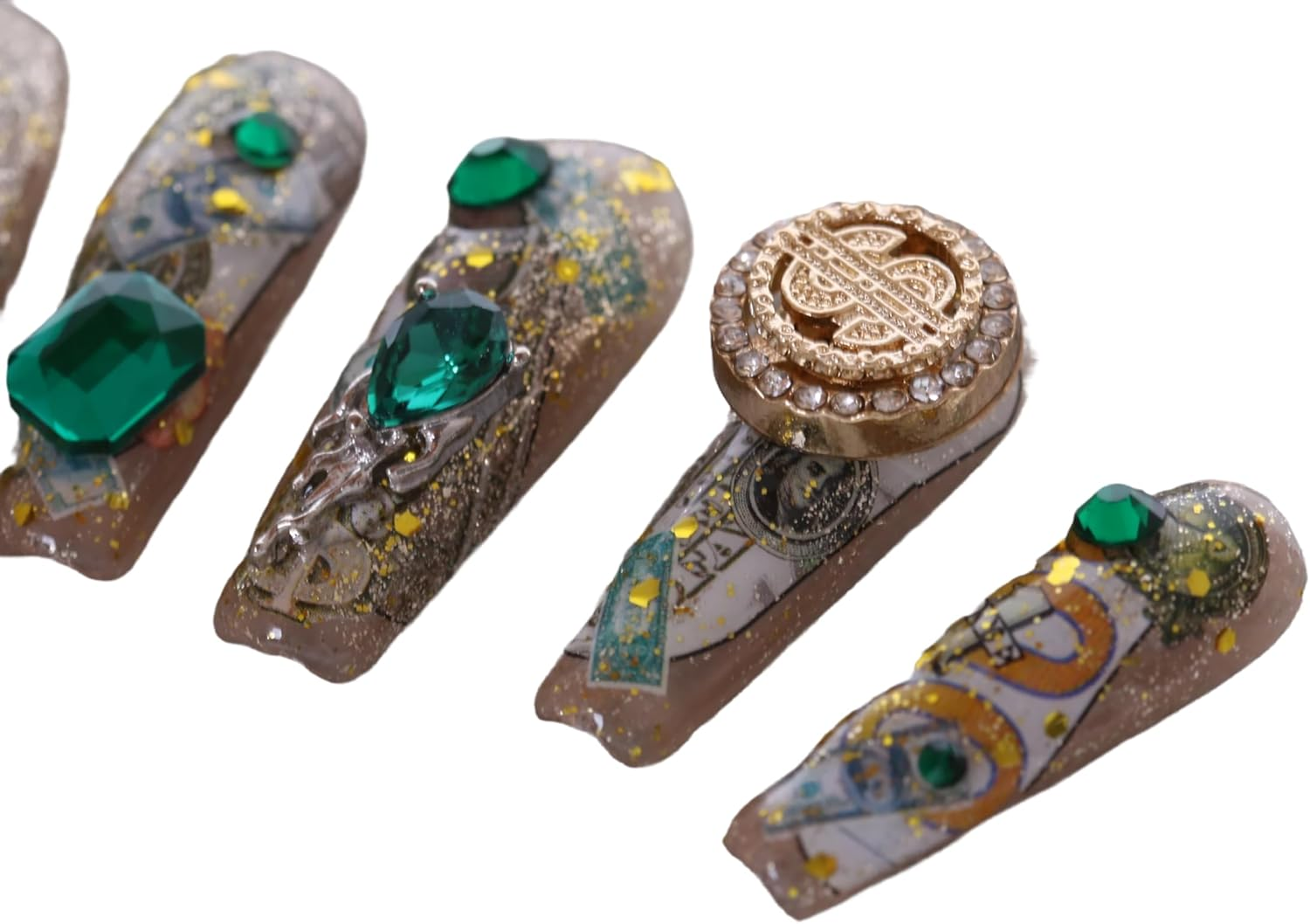 PN-029 Press-On Nails Lacquered Pack of 10 Reusable Artificial Premium Nails Dollar $ Chain Green Crystal Stones Gold Beige image number 4