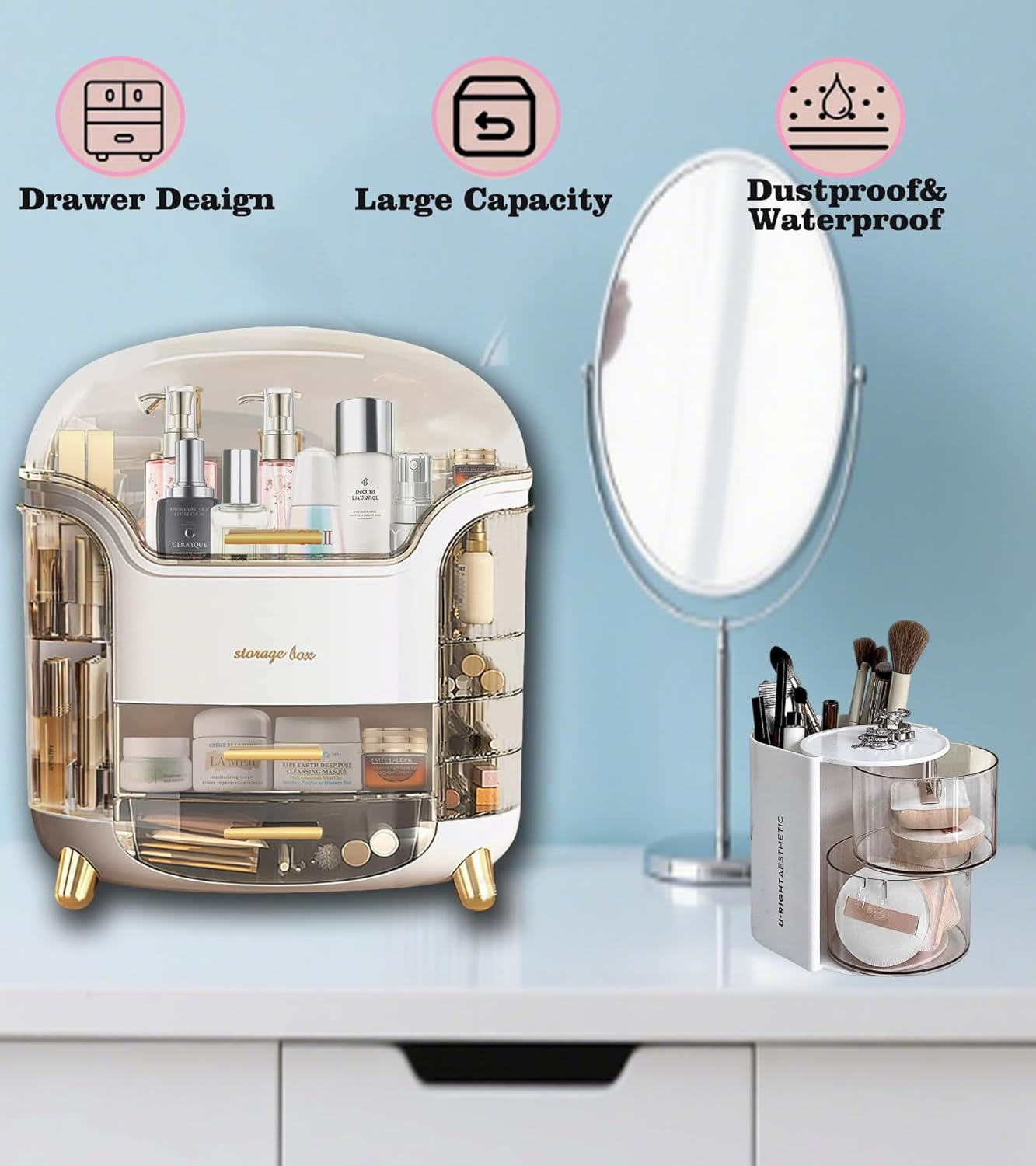 Portable Make up Case Dustproof Cosmetic Storage, Skin Care Products Jewelry Organizer Lipstick Boxcomes with Powder Puff Storage Box and Silicone Washer(White