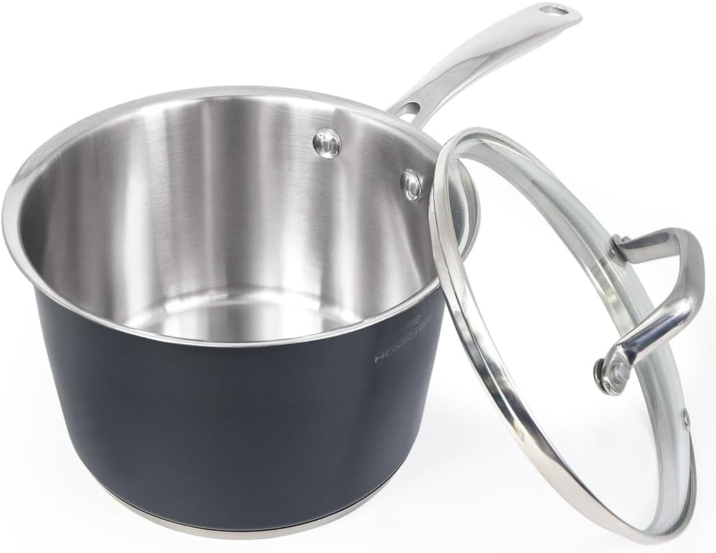 HOMICHEF Matte Polished Navy Gray Nickel Free Stainless Steel 0.95 L Saucepan with Glass Lid (No Toxic Non Stick Coating) - Small Saucepan Induction Pan with Lid - Elegant Non Toxic Cookware image number 2