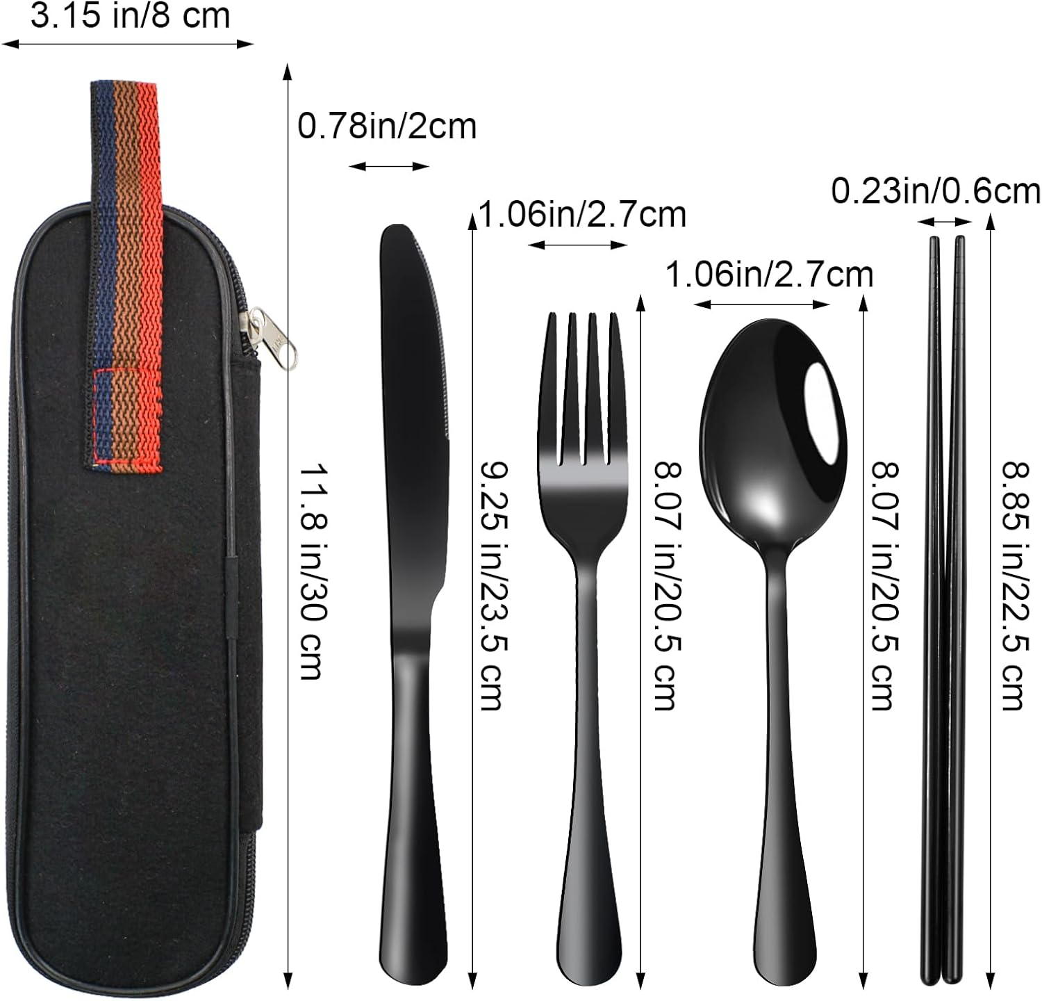 VANRA Portable Travel Utensils Set with Case 4-Piece Stainless Steel Camping Cutlery Set Reusable Silverware Set for Work Fork Spoon Knife Chopstick for Lunch Box School Picnic (Black) - Silver image number 4