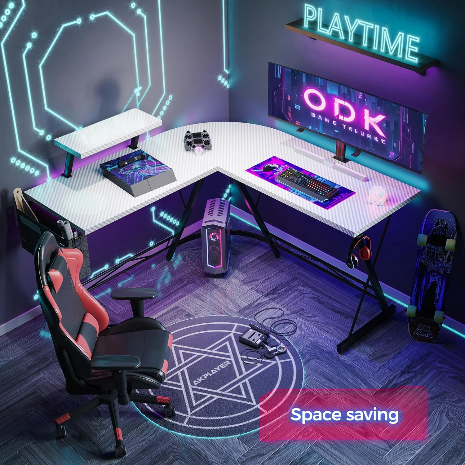 ODK L Shaped Corner Desk, Computer Desk with Monitor Stand, Gaming Desk with round Corner, Computer Workstation for Office Room, Bedroom, Study Room,127 X 127 Cm, Carbon Fiber White image number 2