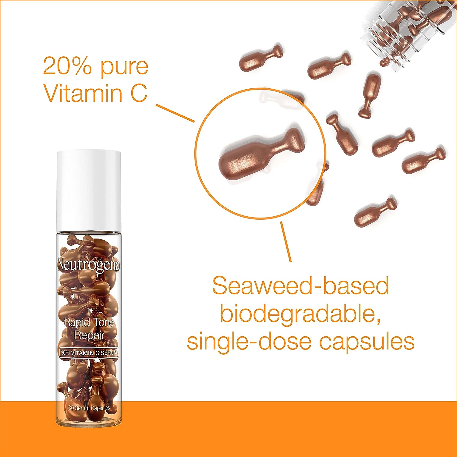 Neutrogena Rapid Tone Repair Brightening 20% Vitamin C Serum Capsules, Antioxidant Serum to Brighten Look of Dark Spots & Even Skin Tone, Oil-Free, 30 Serum Capsules image number 2