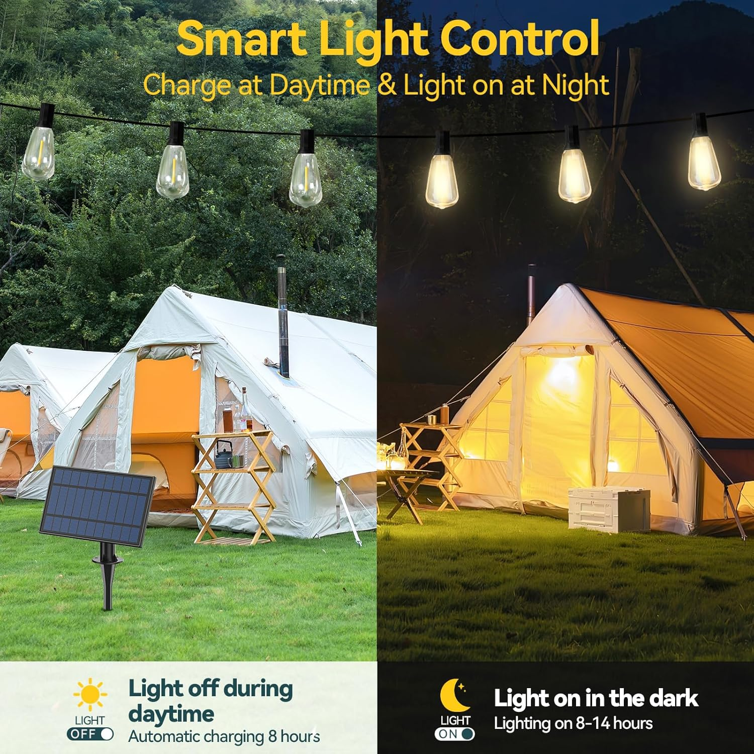 ROSHIN ST38 Solar Festoon Lights Outdoor, 15M(49FT) 15 Bulbs+1 Spare LED String Outdoor Lights, IP45 Waterproof and Shatterproof Fairy Lights for Beach, Garden, Yard, Camping, Party, Wedding image number 3