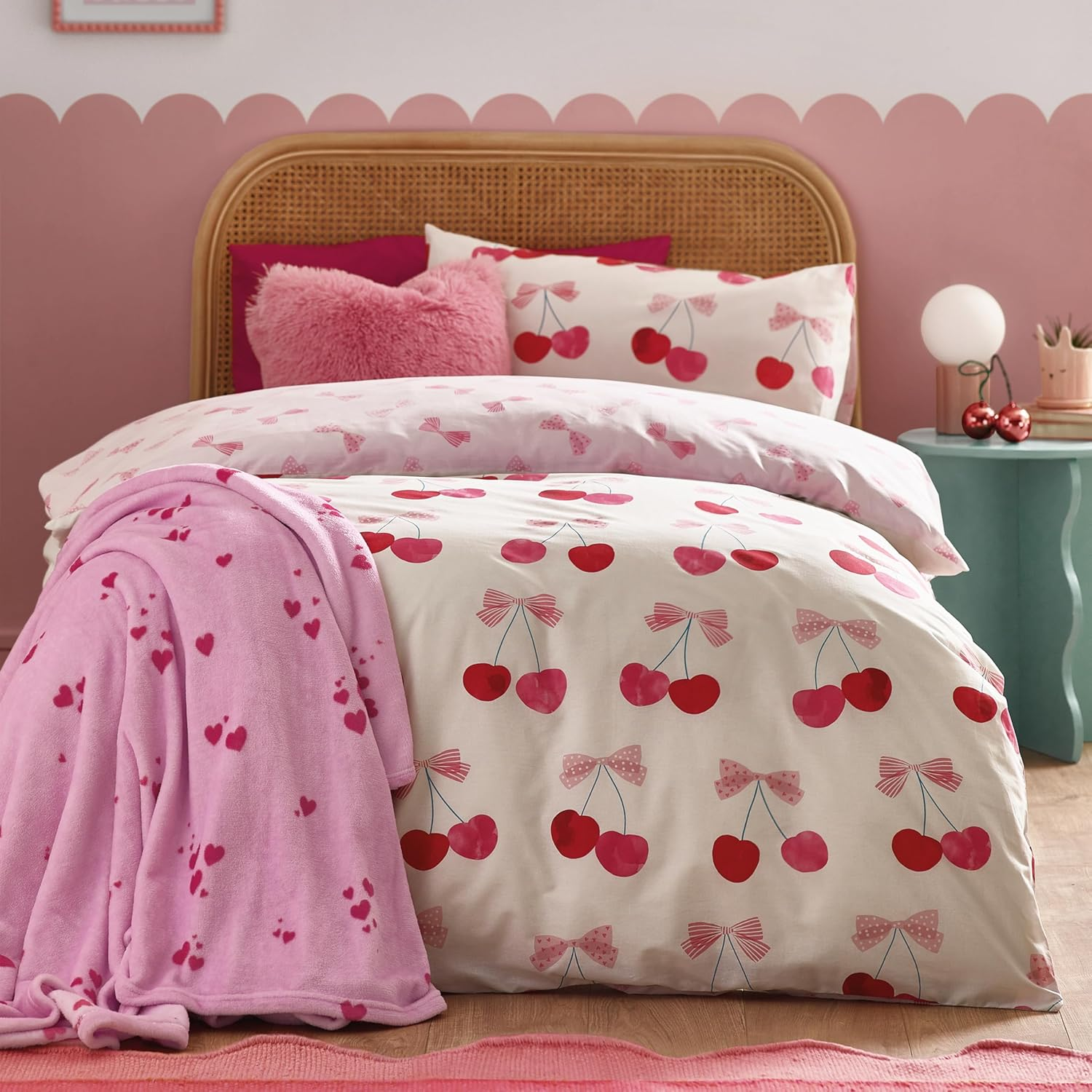 Catherine Lansfield Cherries and Bows Reversible Double Duvet Cover Set with Pillowcases Pink image number 1