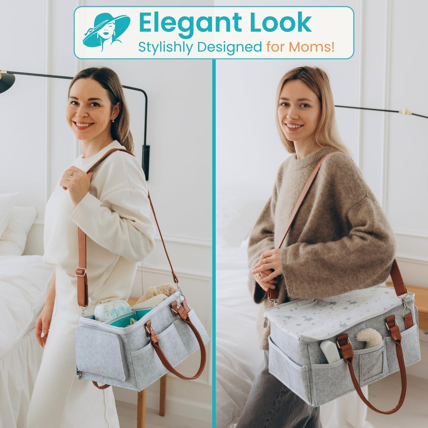 Misenfar Large Baby Diaper Caddy Storage Bag with Roll Lid and 2 Removable Dividers, Portable Nappy Caddy Storage Basket for Nursery, Changing Table, in the Car image number 2