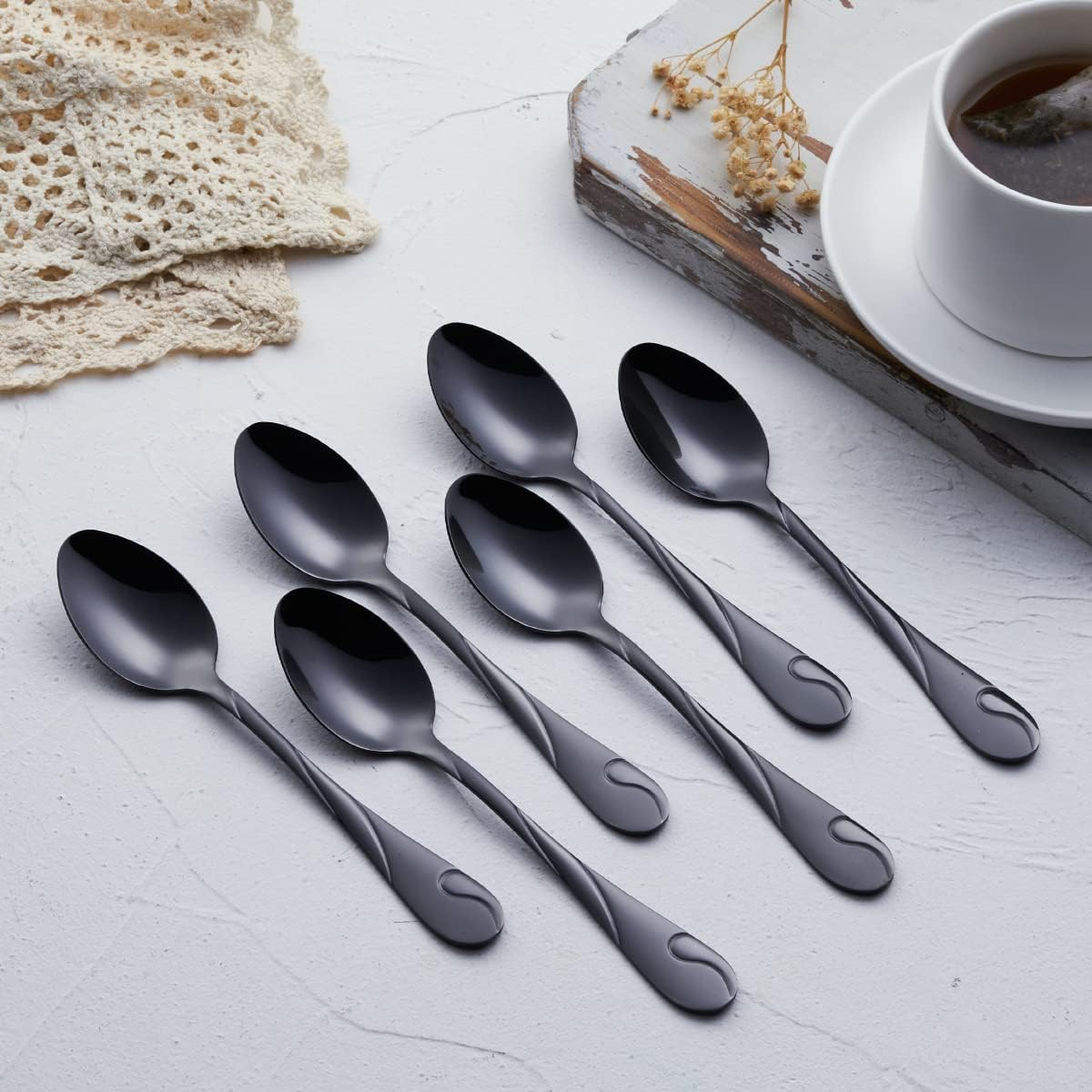 Black Dessert Spoon Set, Seeshine 6.5-Inch(16.5Cm) Stainless Steel Shiny Black Teaspoon, Espresso Coffee Spoon, Set of 6 image number 4