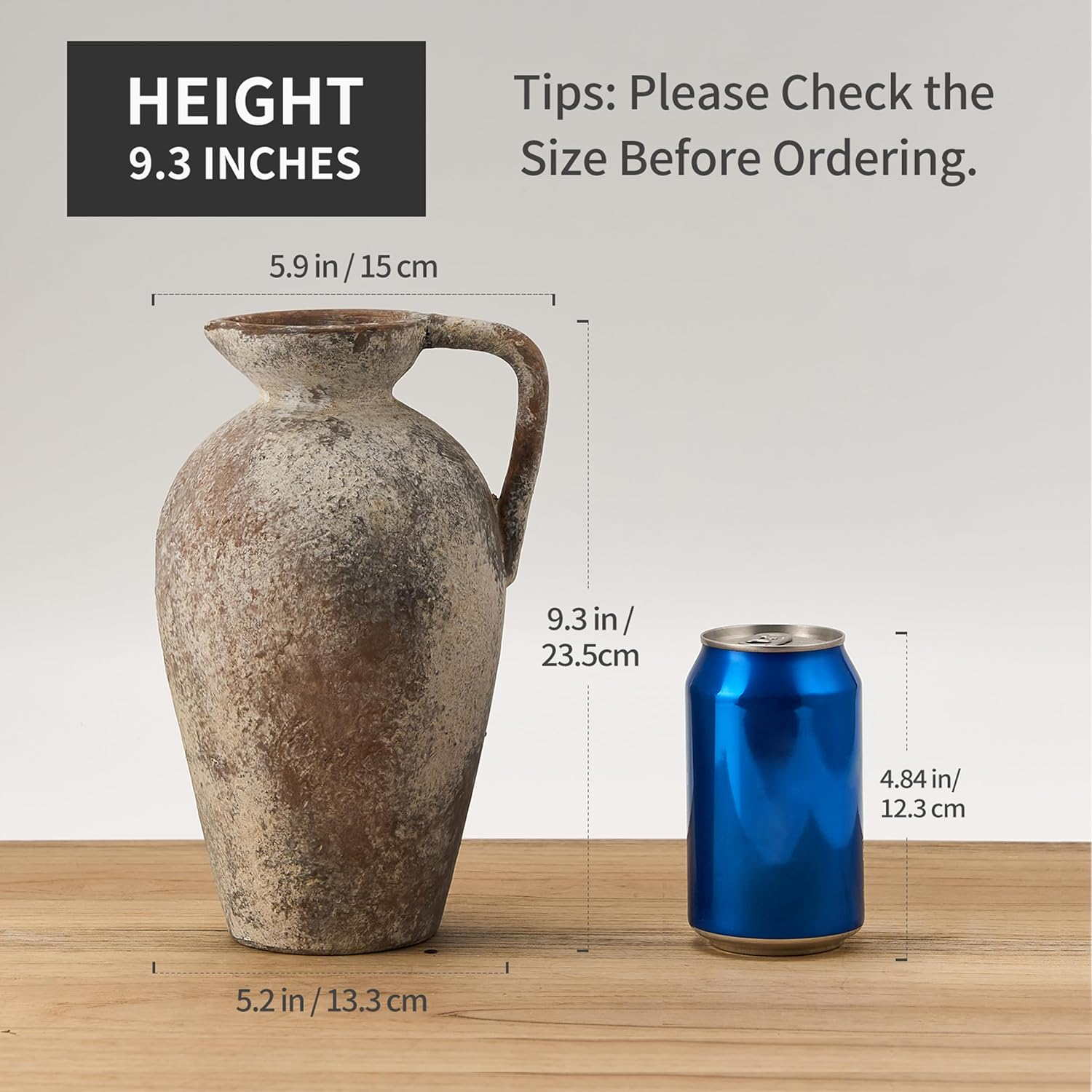 PORCER 9.3 Inch Antique Ceramic Vase, Terracotta Vase with Handle, Boho Decor Farmhouse Decorative Vase, Rustic Vase for Home Decor, Living Room, Entryway, Wedding - Distressed Design, Gray image number 5