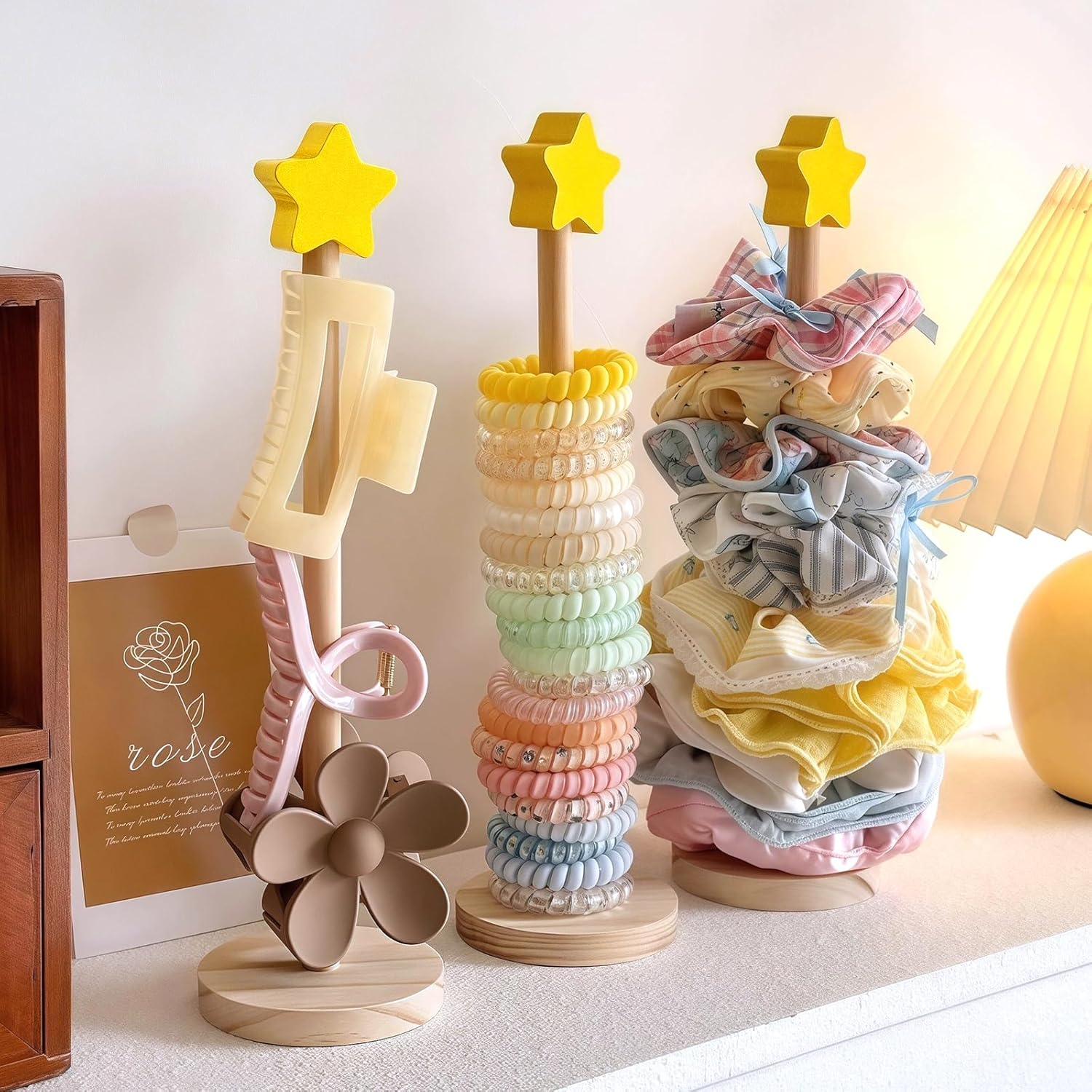 2 Pcs Scrunchie Holder Stand Hair Tie Organizer Hair Accessories Organizer Vertical 15-20 Scrunchies Holder Space-Saving Jewelry Scrunchy Holder for Girls Women, Bathroom Bedroom Decor (Yellow) image number 2