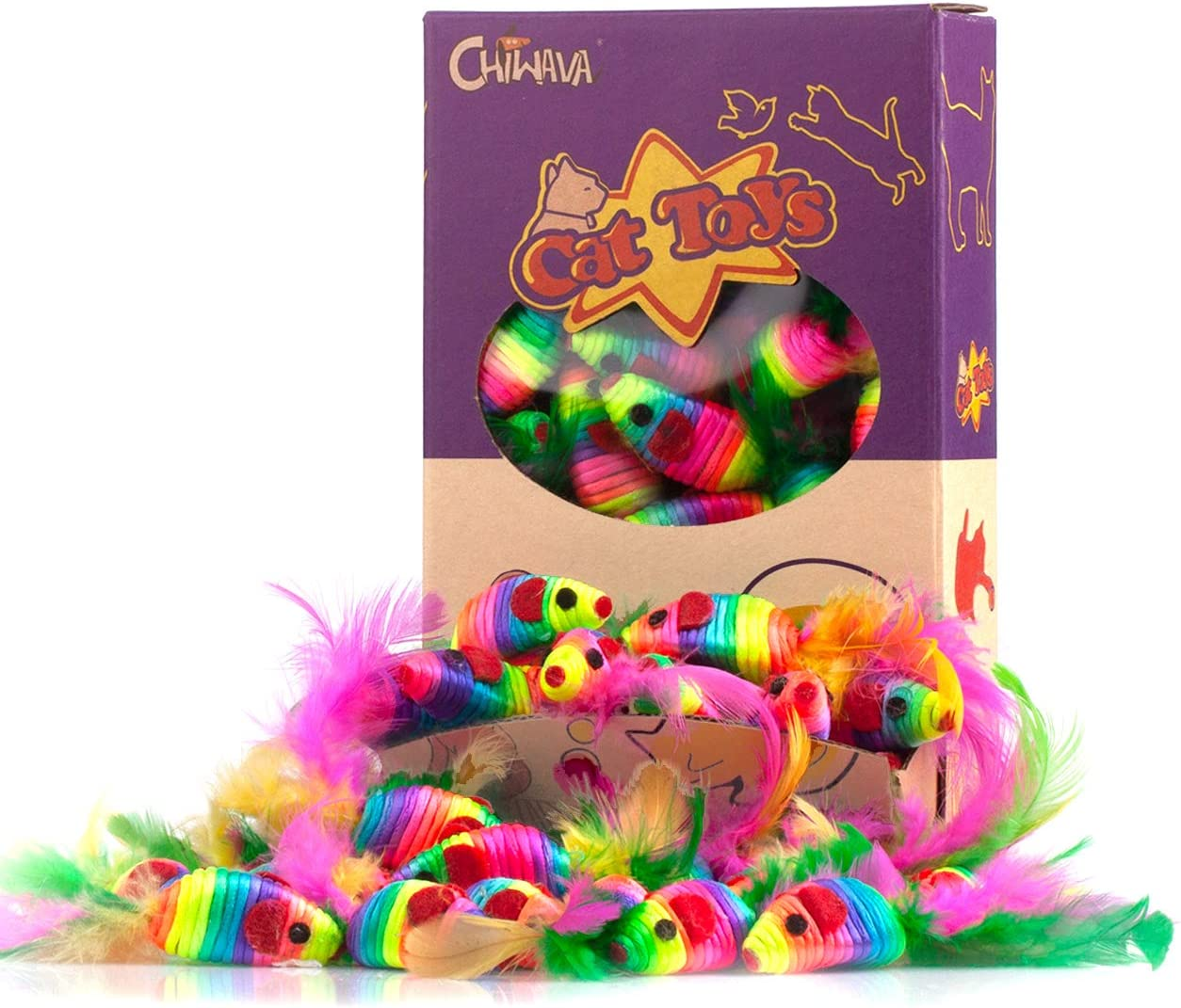 Chiwava 24PCS 5" Rattle Cat Toys Mice with Feather Rainbow Rope Mouse Kitten Interactive Toy Assorted Color